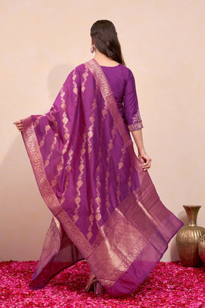 Floral Embroidered Kurtaset with Brocade Dupatta - Burgundy