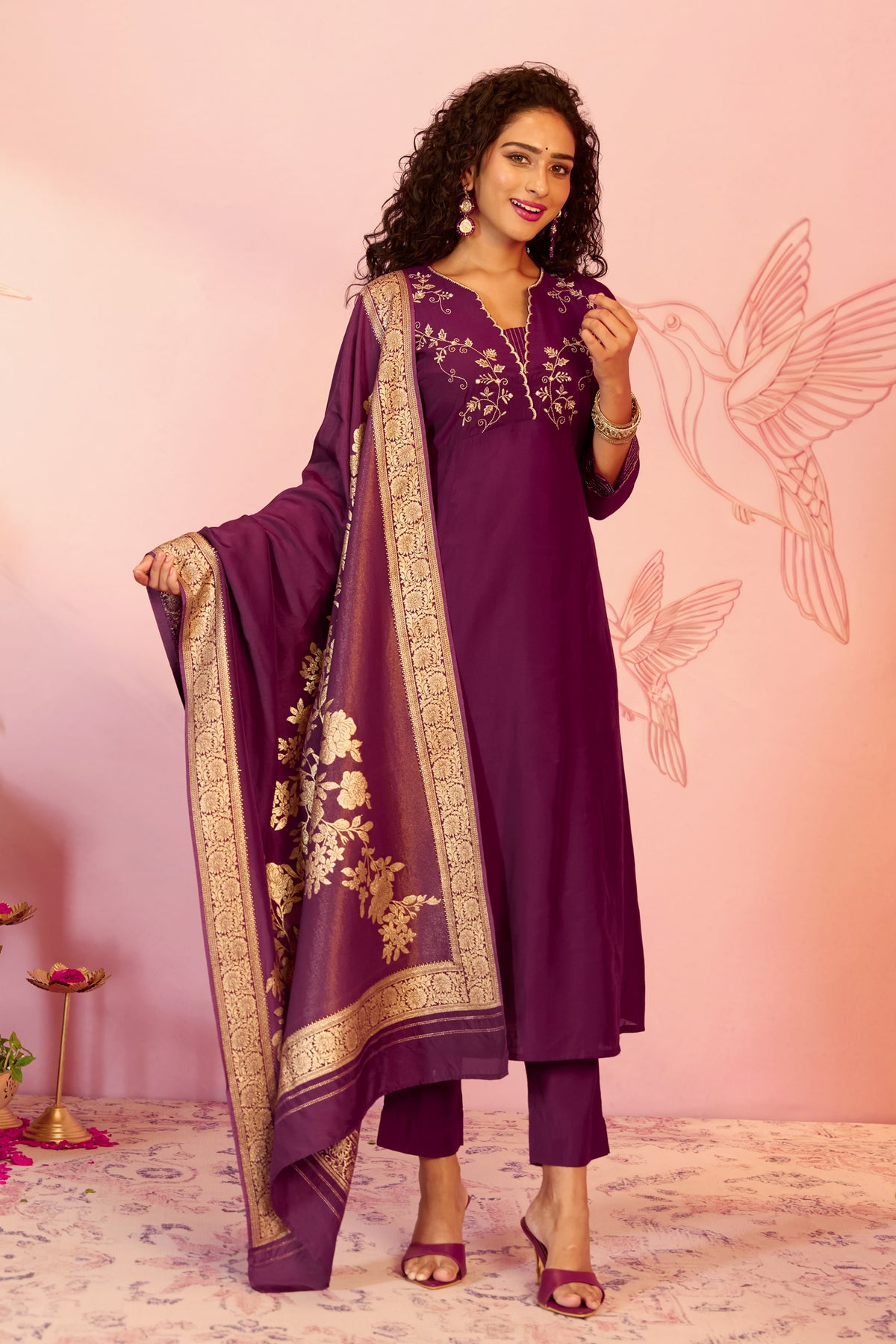 Purple Embroidered Straight Kurta Set