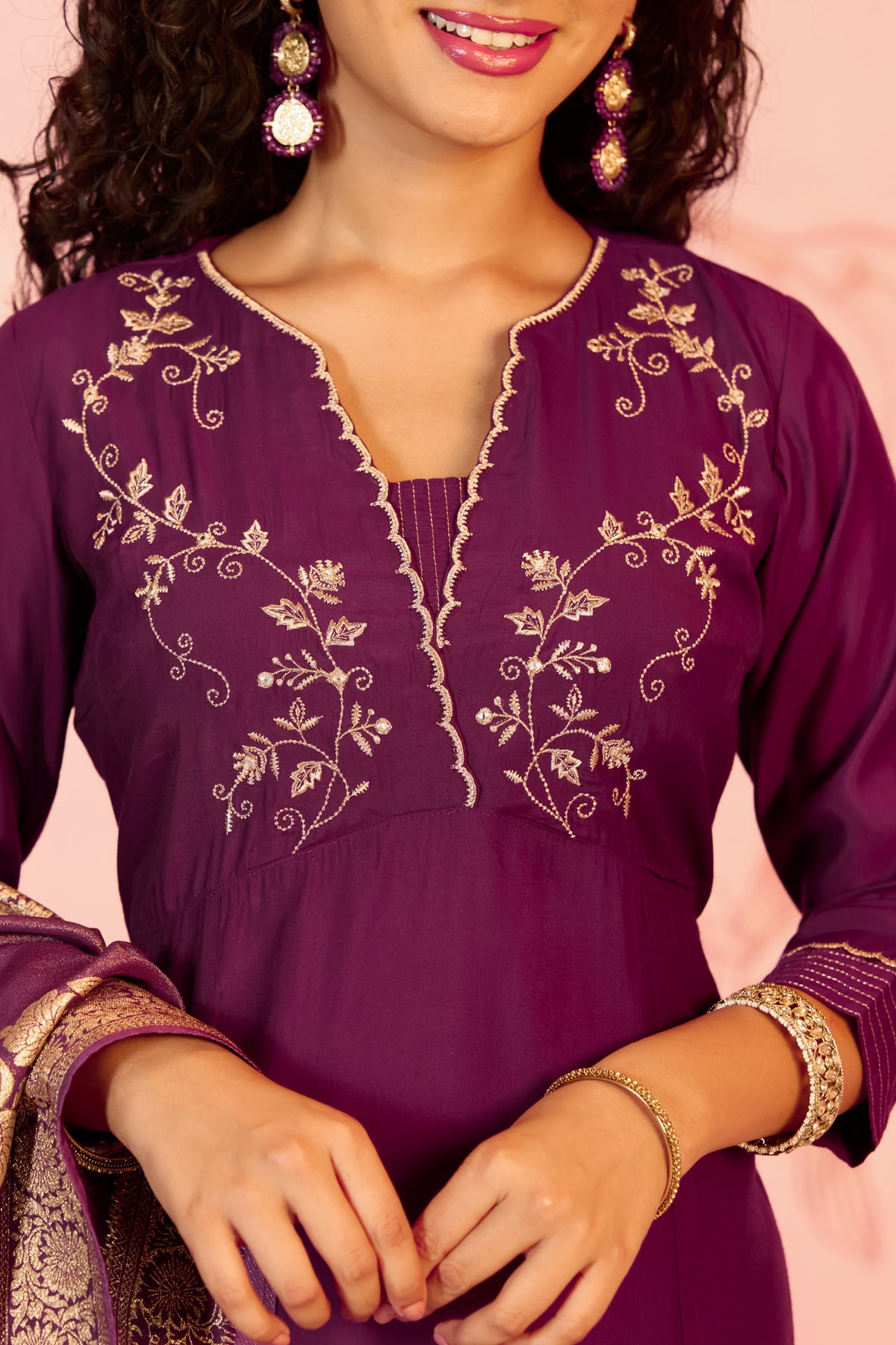 Purple Embroidered Straight Kurta Set
