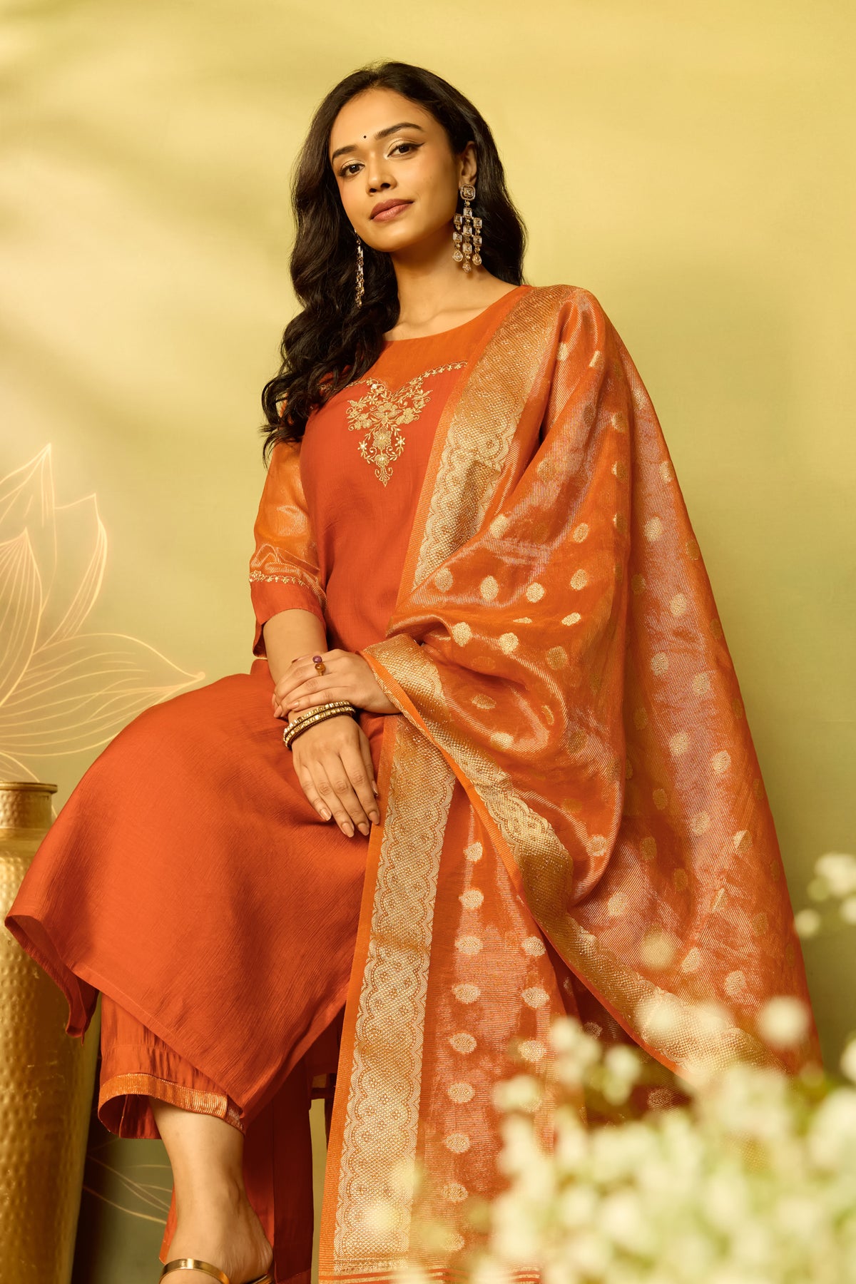 Rust Orange Floral Embroidered Straight Kurta Set With Chanderi Dupatta