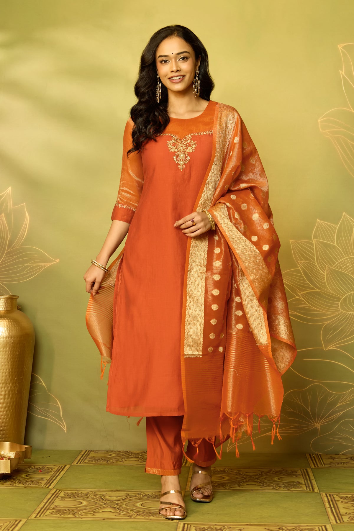 Rust Orange Floral Embroidered Straight Kurta Set With Chanderi Dupatta