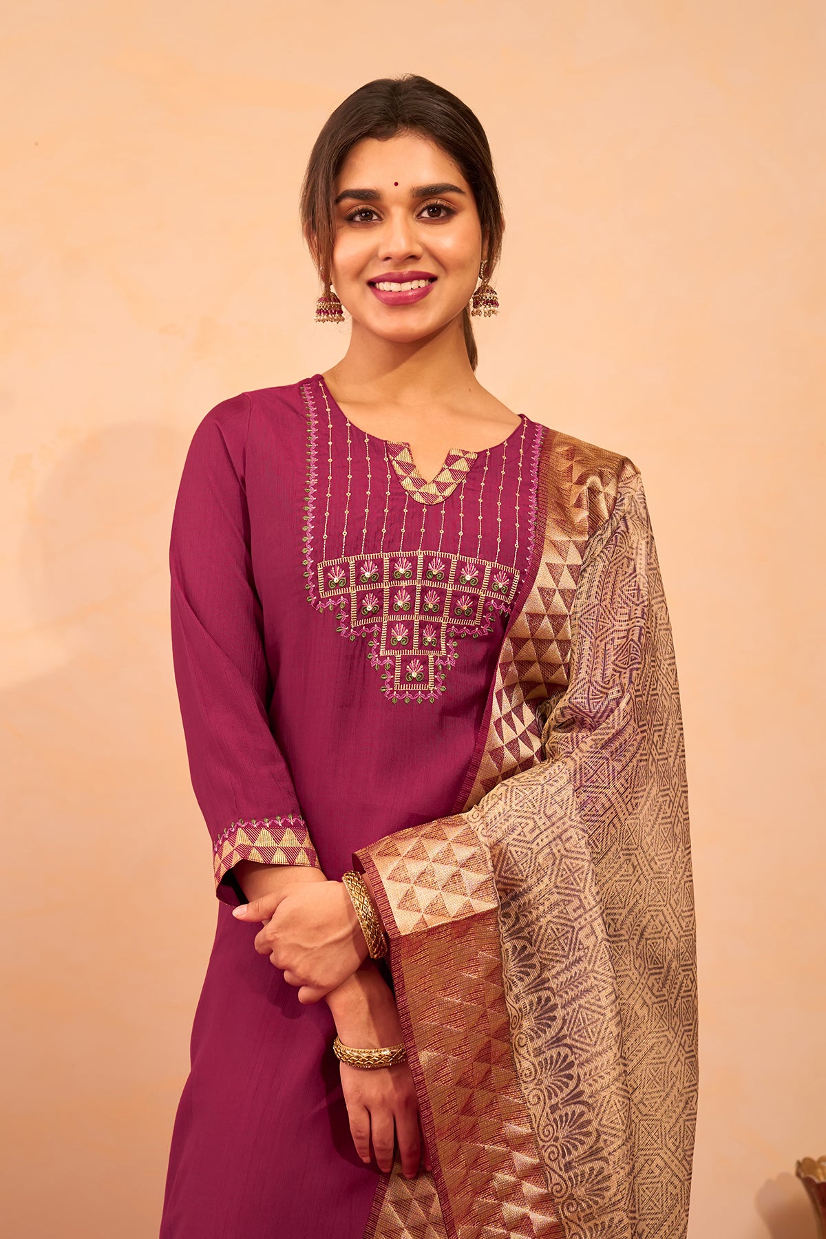 Lotus Embroidered Kurtaset with Dupatta - Wine & Beige