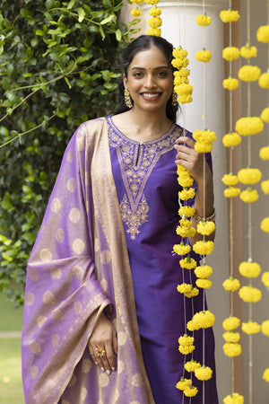 Floral Embroidered Kurta set with Brocade Dupatta - Purple & Gold