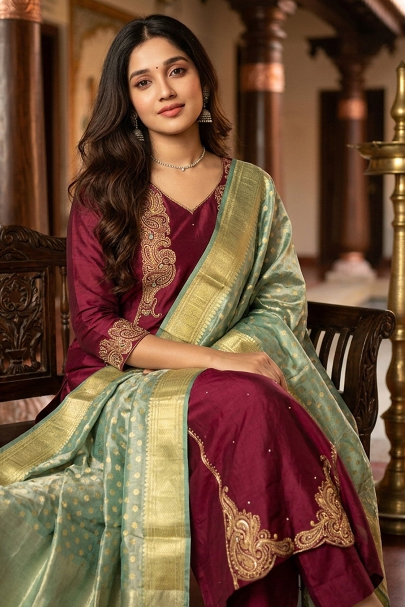 MAROON ART SILK KURTA SET WITH TURQUOISE DUPATTA