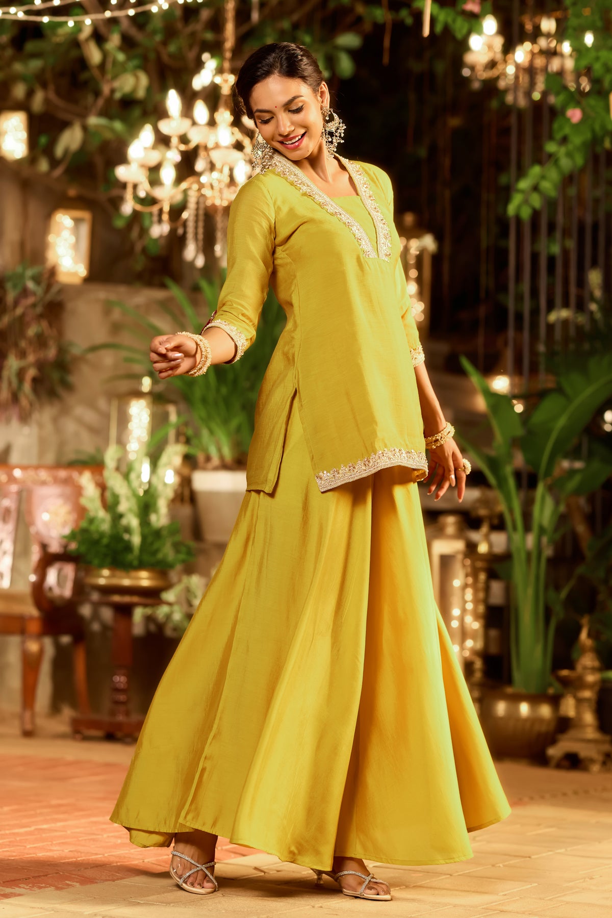 Yellow Floral Lace Short Kurti Set