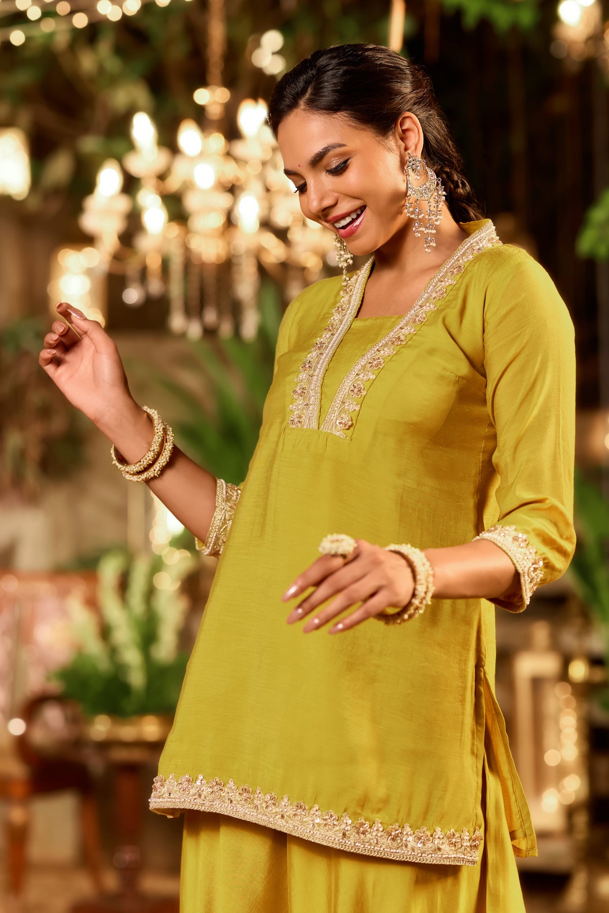 Yellow Floral Lace Short Kurti Set