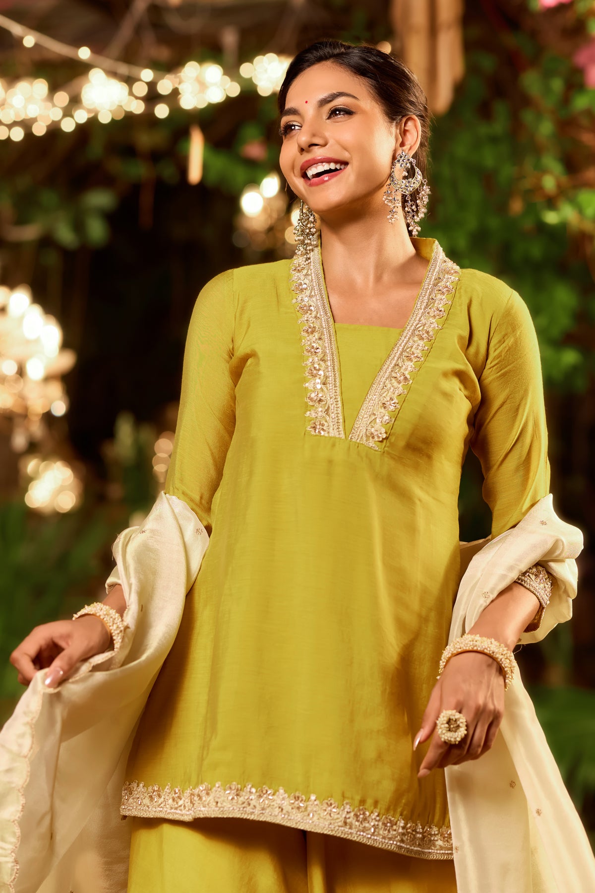 Yellow Floral Lace Short Kurti Set
