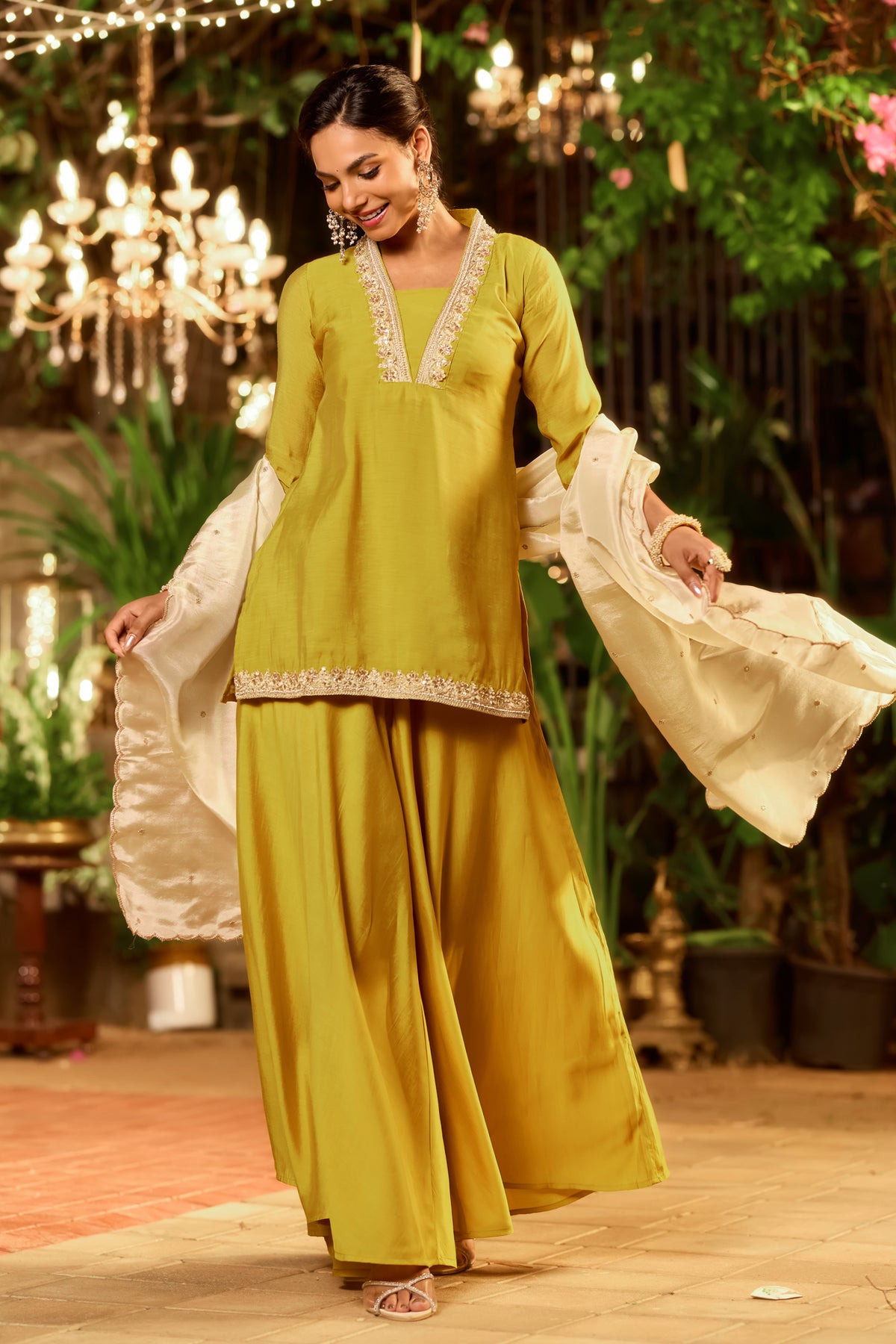 Yellow Floral Lace Short Kurti Set