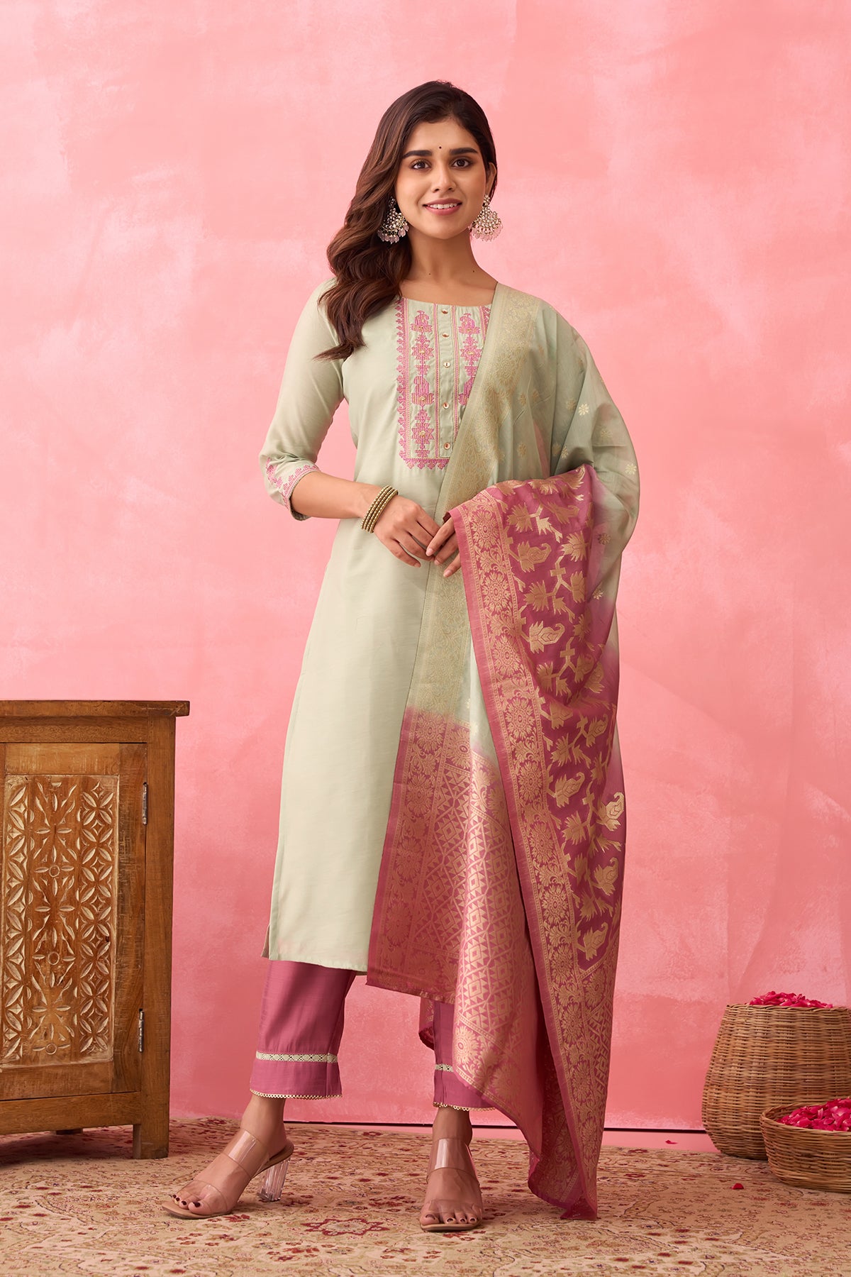 Golden Striped Kurtaset with Printed Dupatta - Red