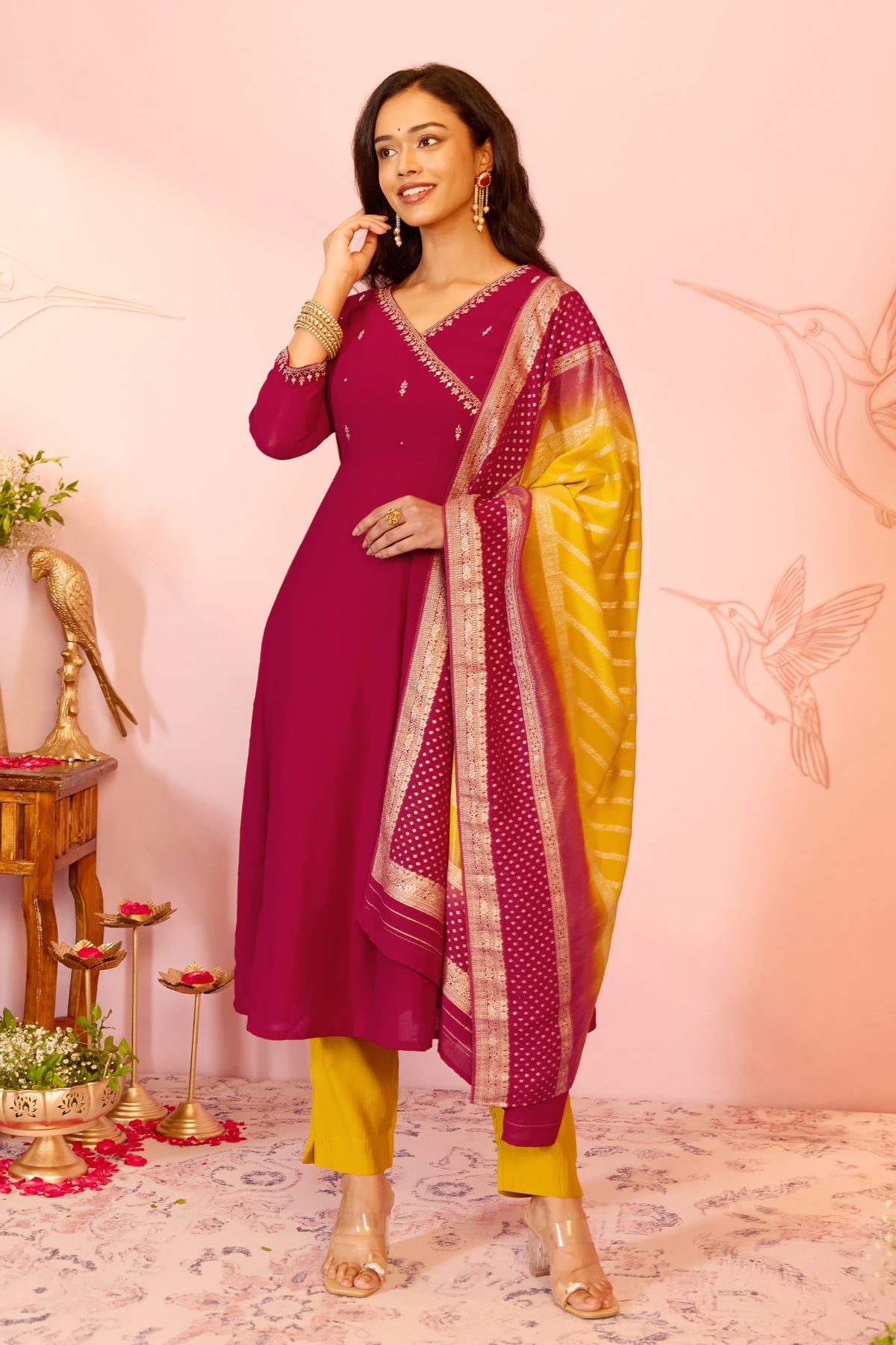 Red Embroidered A-line Kurta Set With Brocade Dupatta