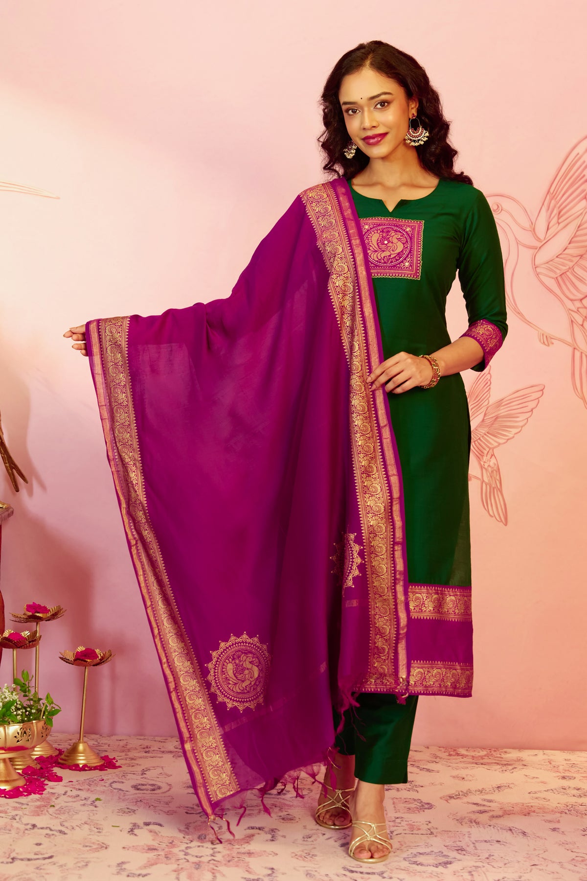 Green Peacock Woven Straight Kurta Set With Chanderi Dupatta
