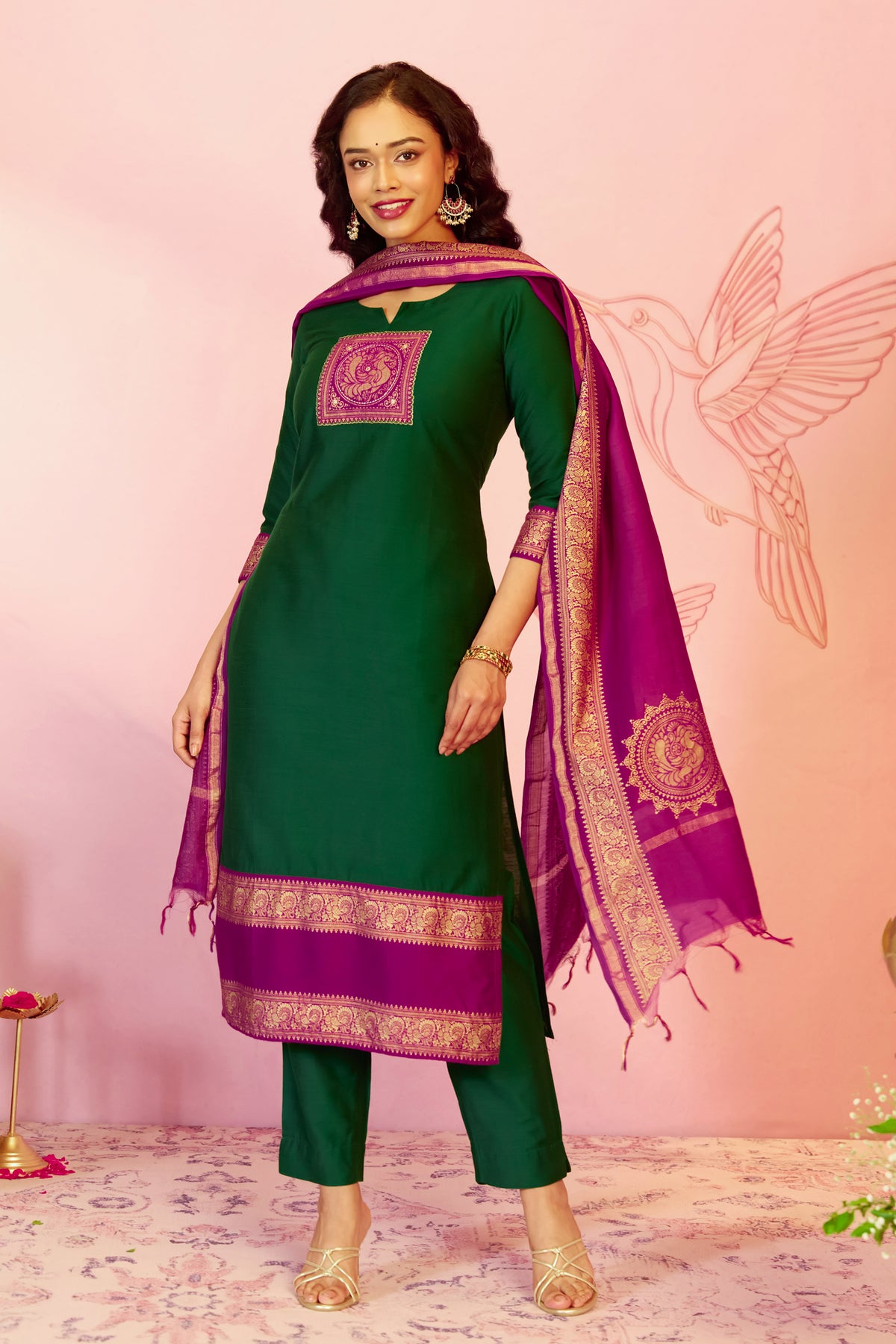 Green Peacock Woven Straight Kurta Set With Chanderi Dupatta