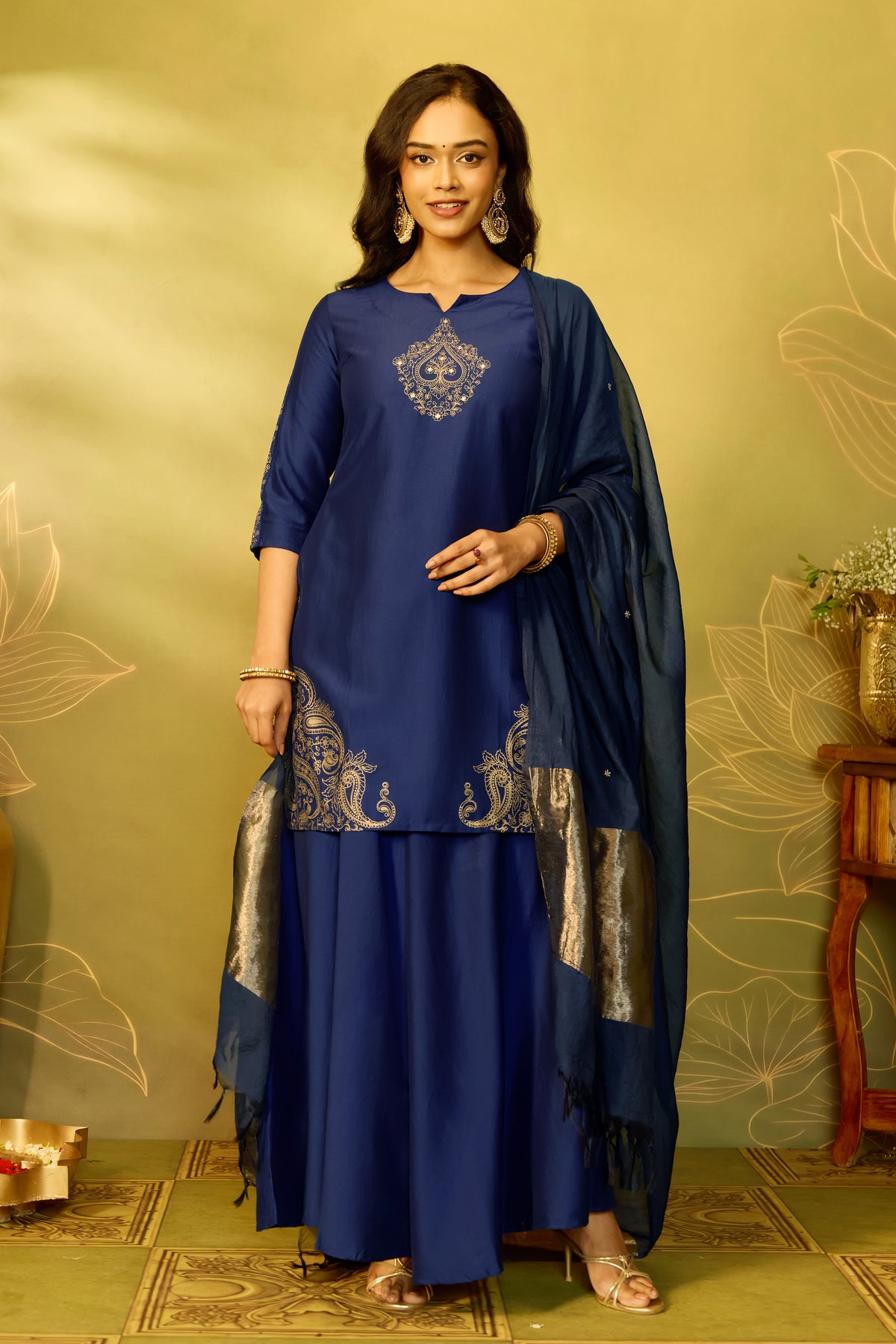 Blue Floral Printed Straight Kurta Set With Chanderi Dupatta