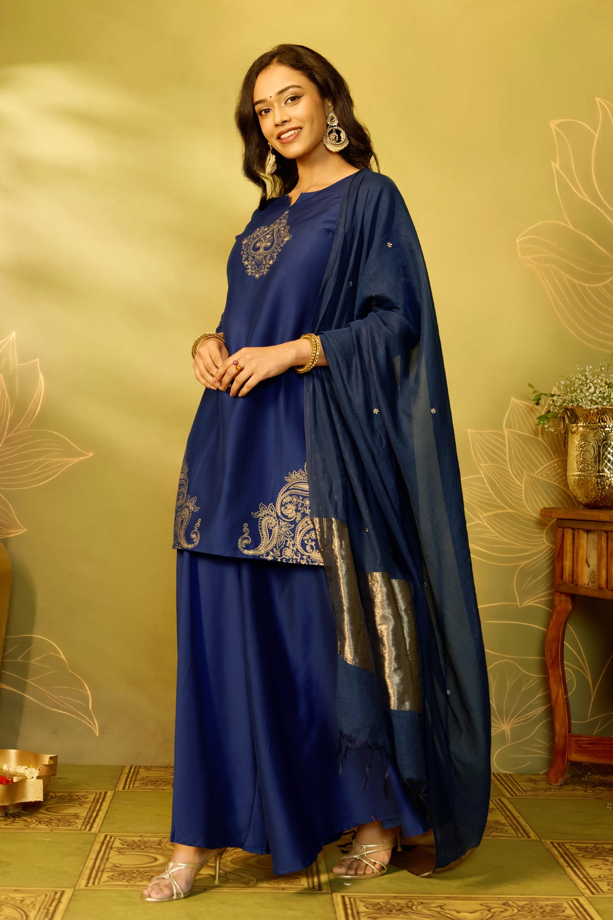 Blue Floral Printed Straight Kurta Set With Chanderi Dupatta