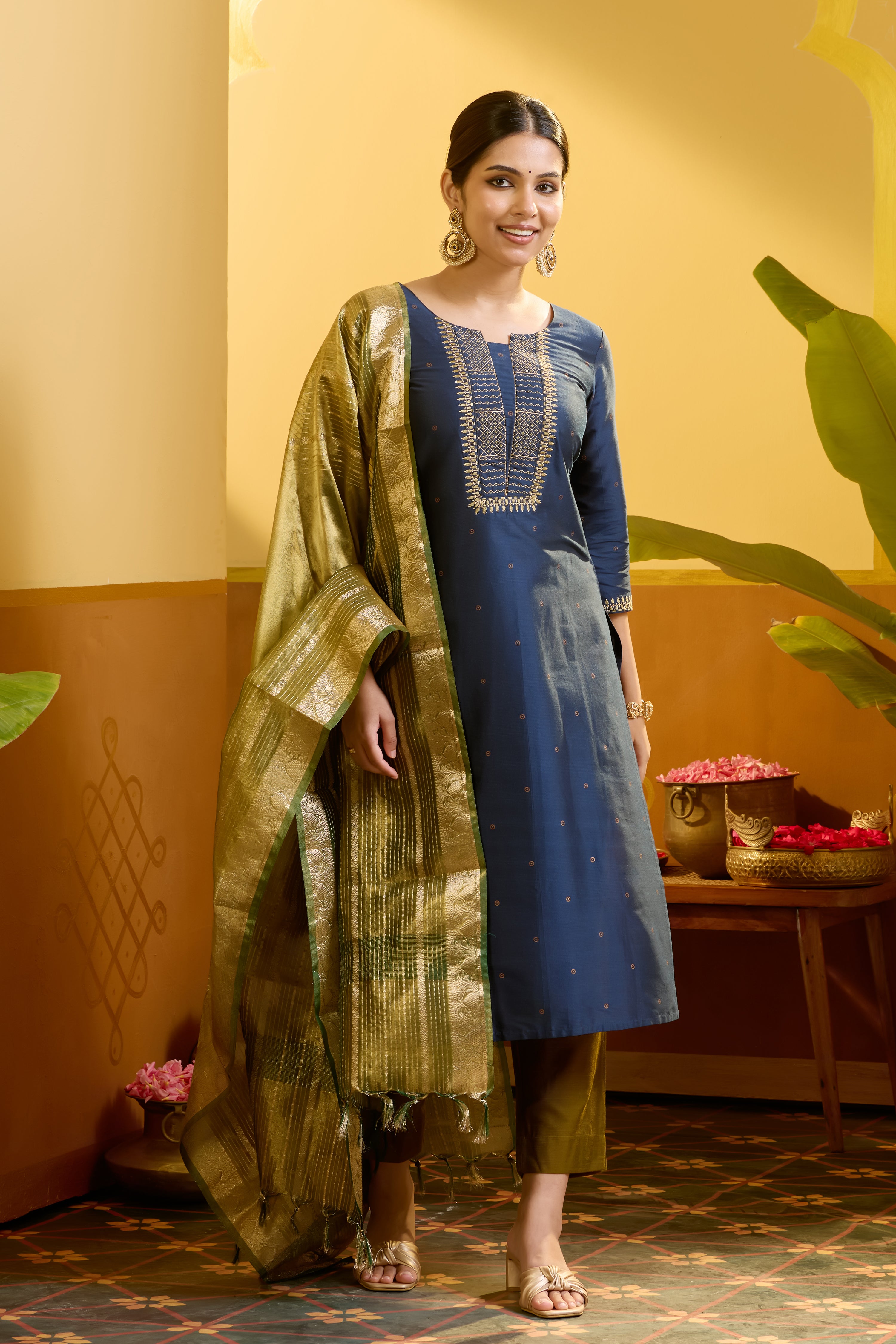 Ethnic Motif Embroidered Blue & Green Kurtaset with Striped Tissue Dupatta