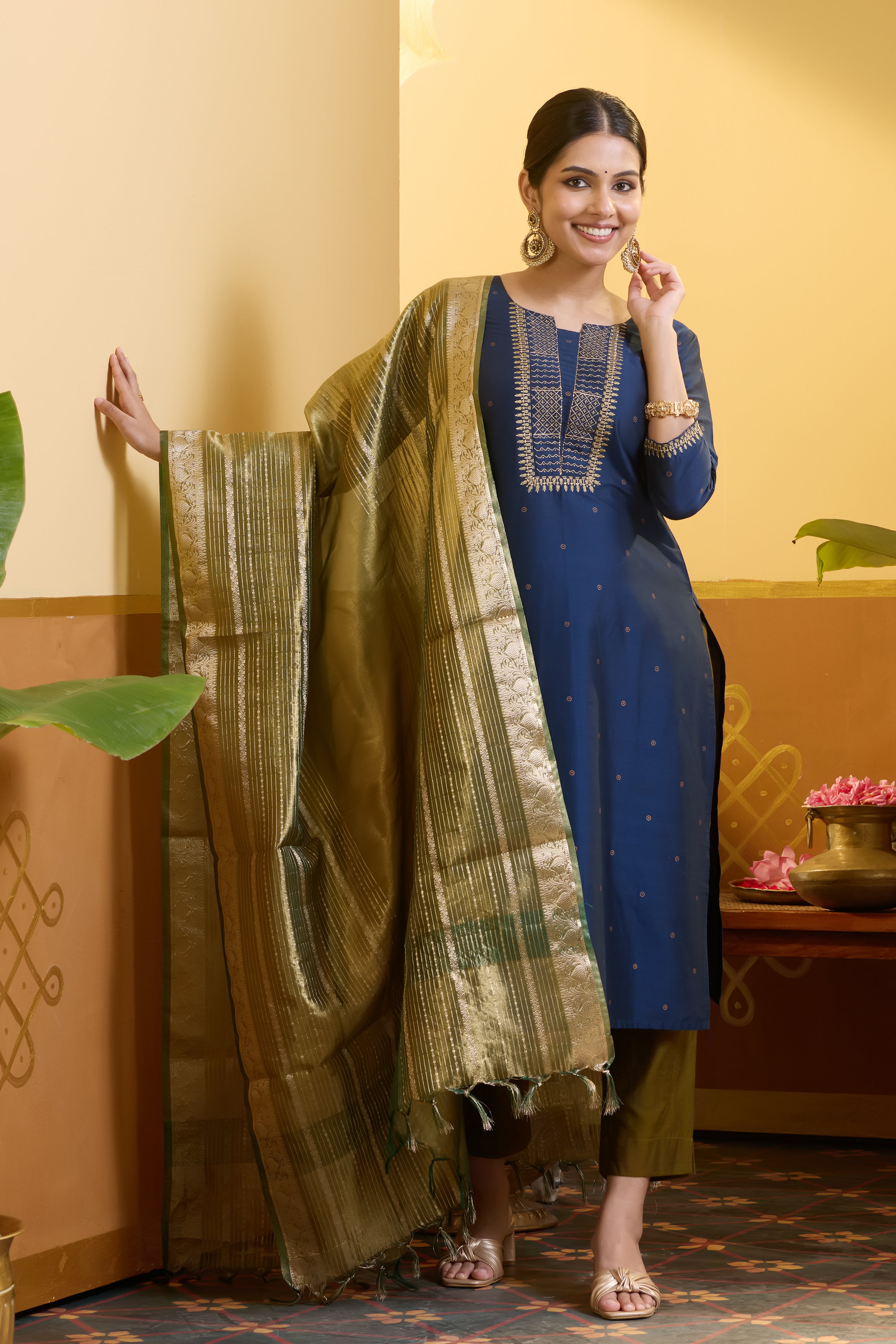 Ethnic Motif Embroidered Blue & Green Kurtaset with Striped Tissue Dupatta