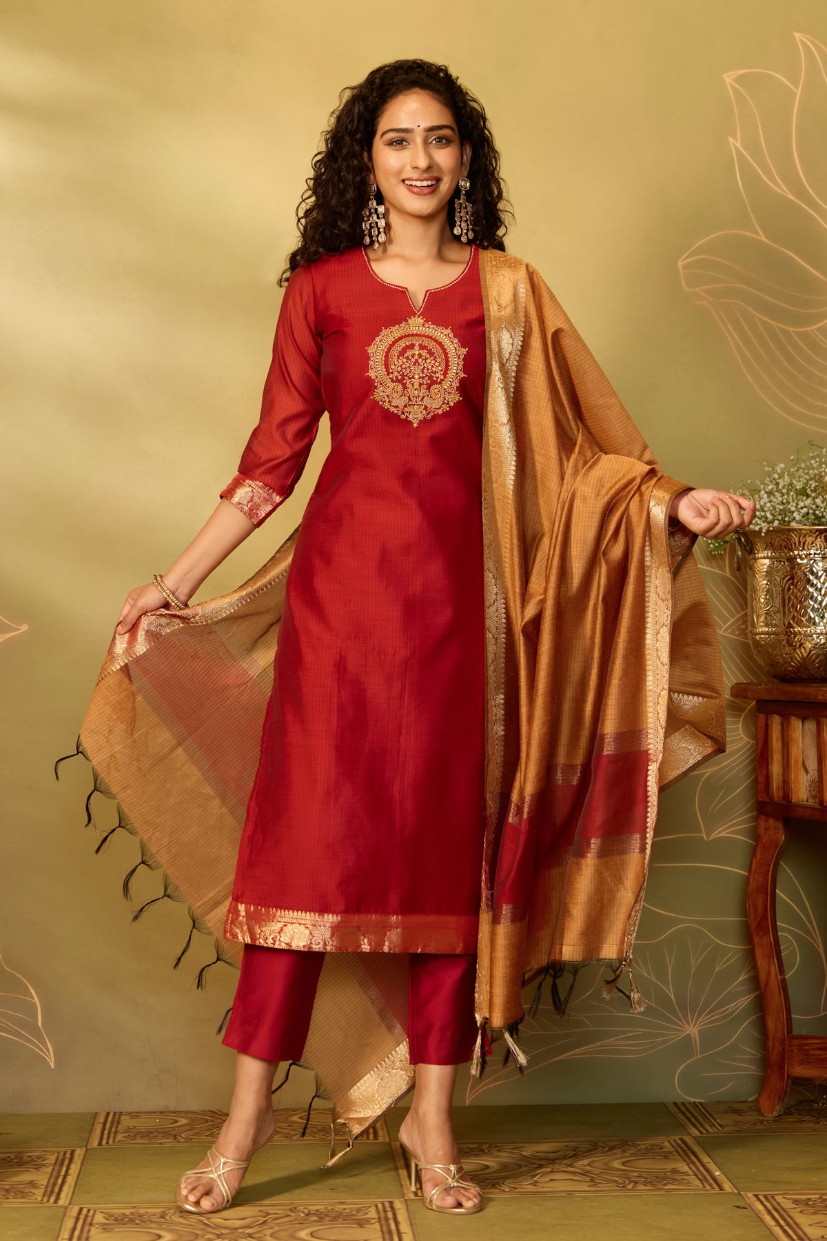 Orange Peacock Embroidered Straight Kurta Set