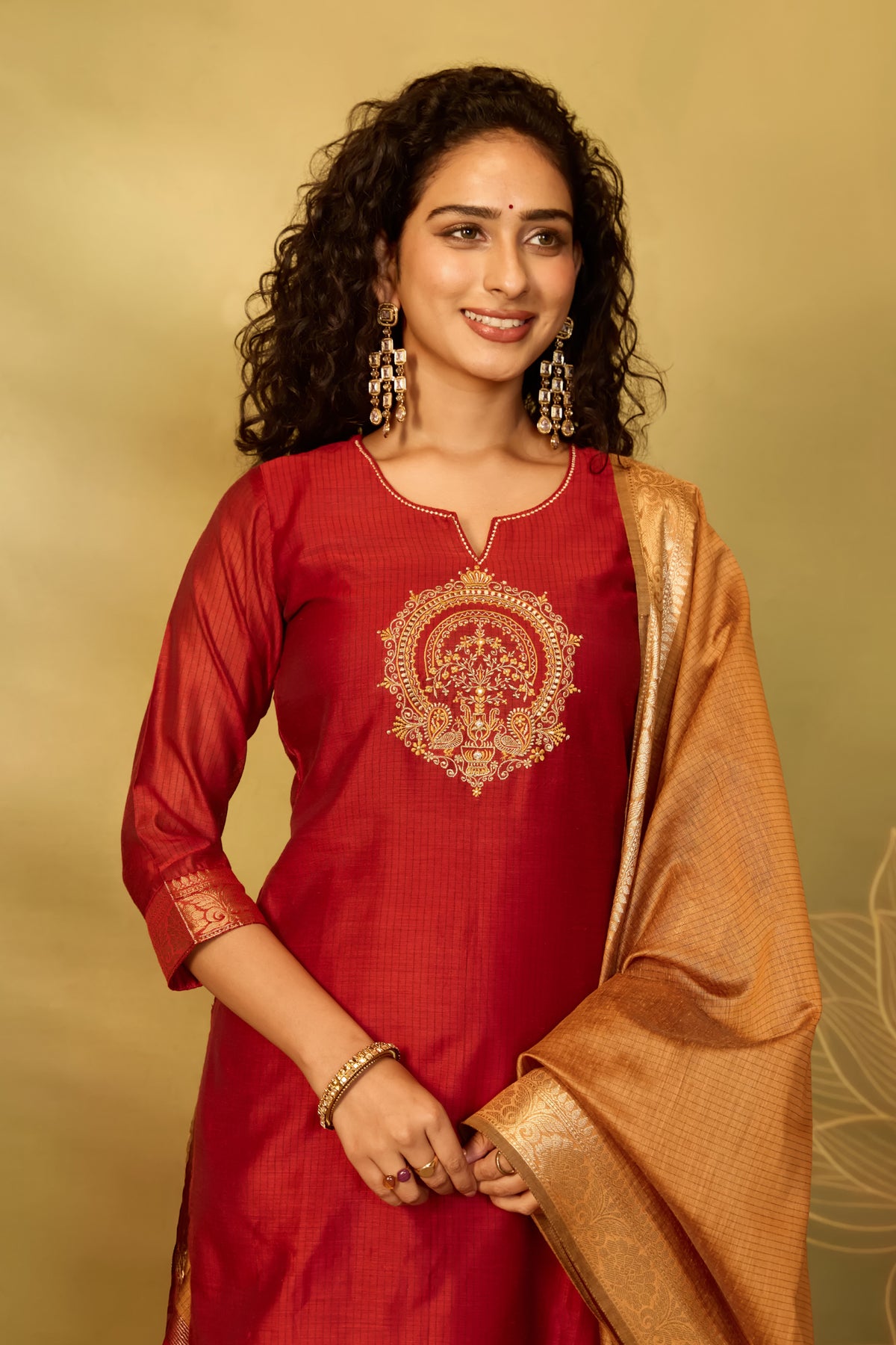 Red Peacock Embroidered Straight Kurta Set