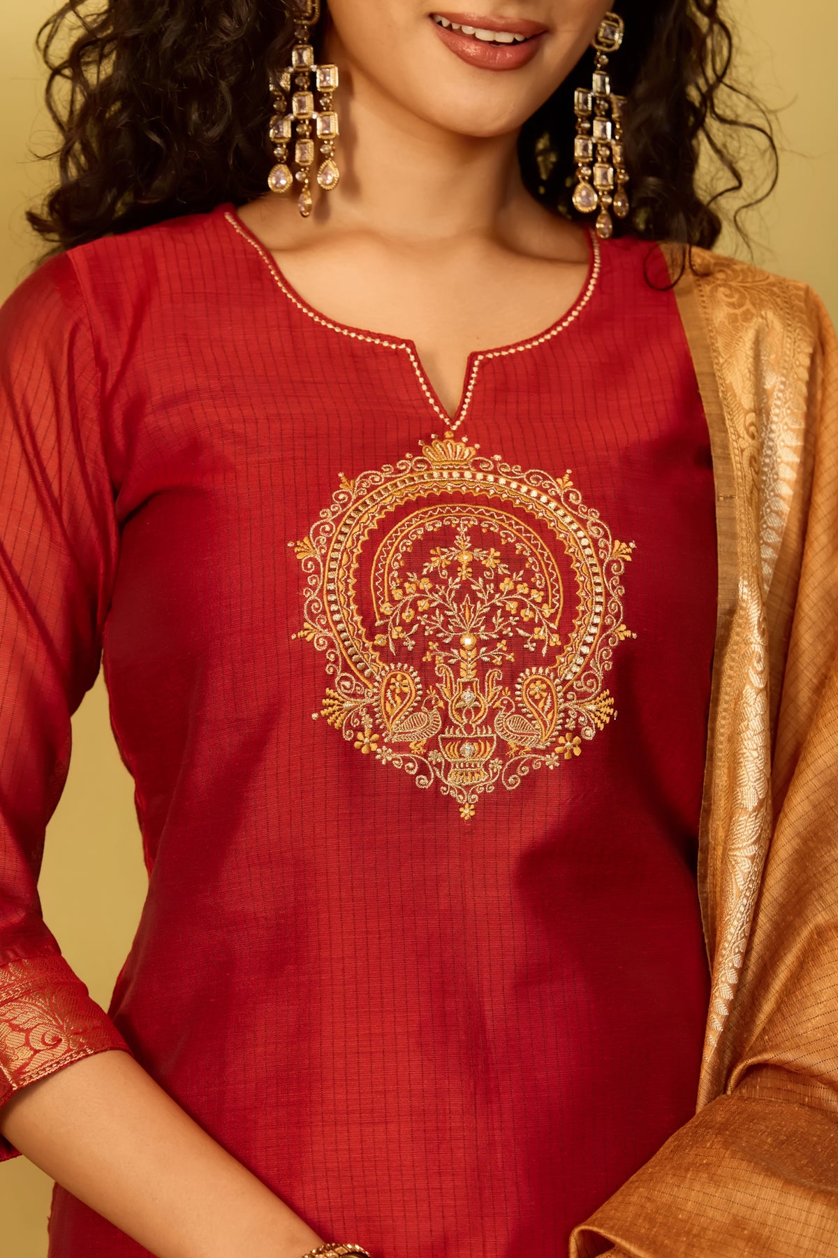 Orange Peacock Embroidered Straight Kurta Set