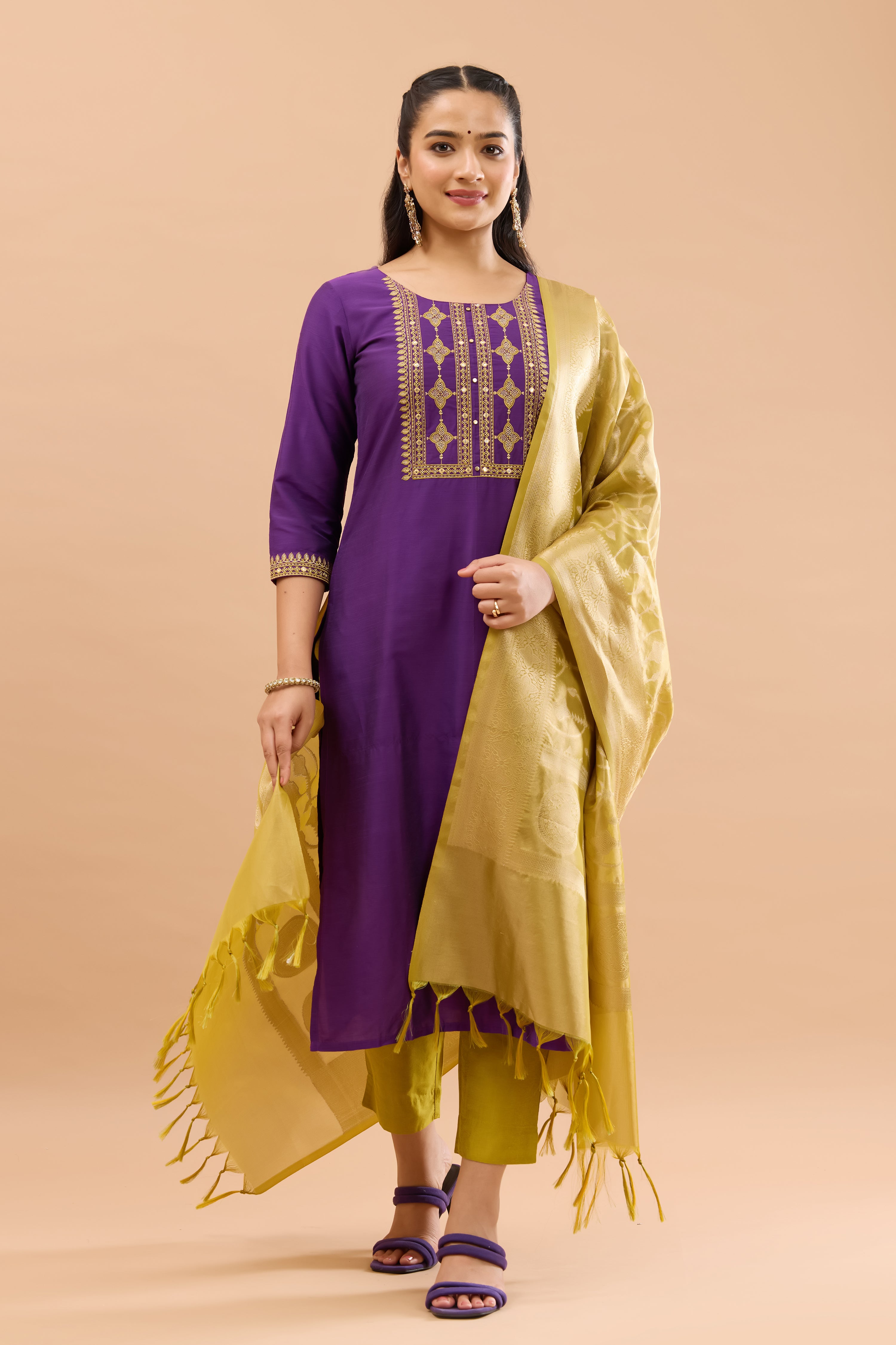 Ethnic Floral Embroidered Purple & Yellow Kurtaset with Brocade Dupatta