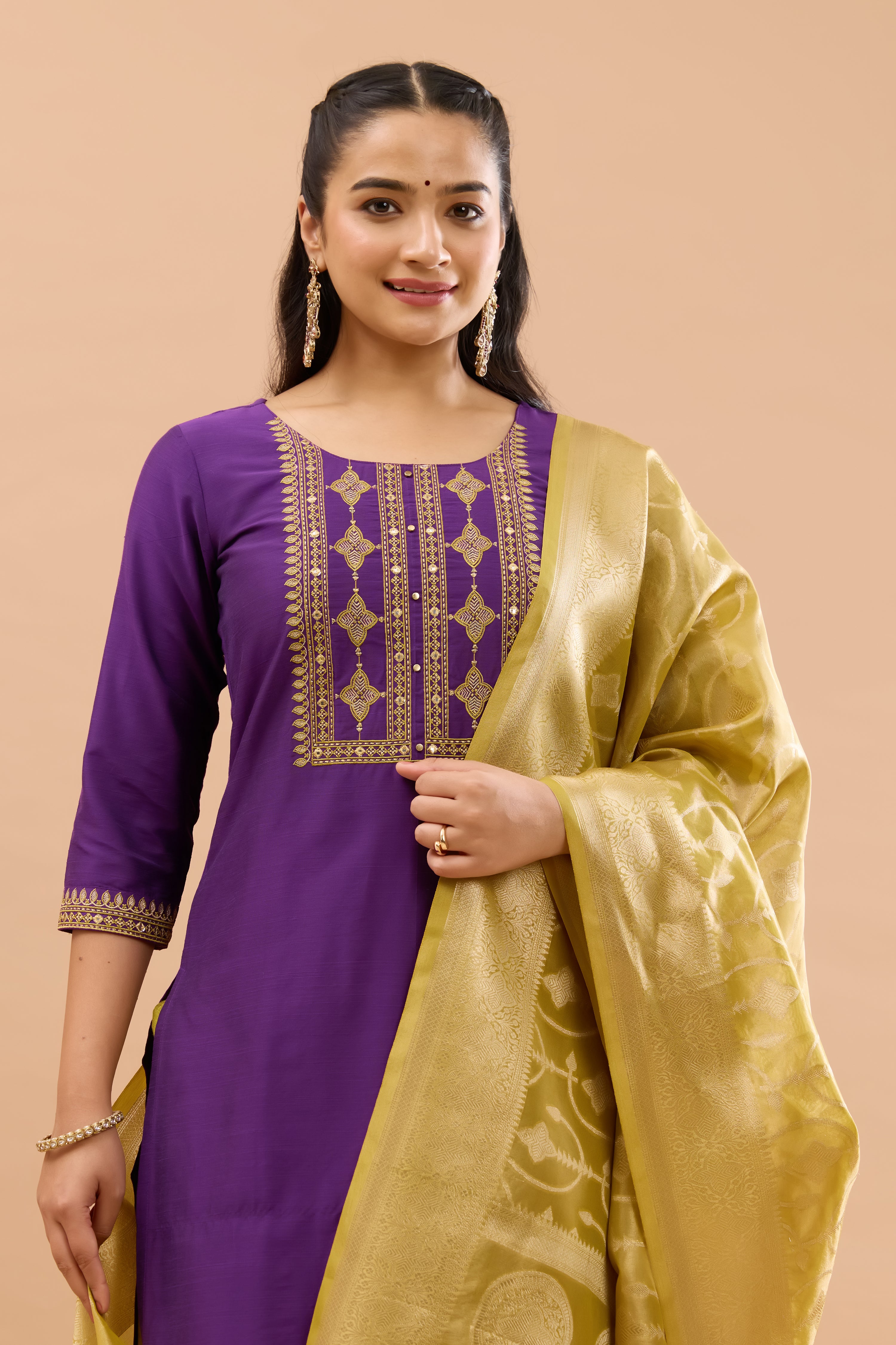 Ethnic Floral Embroidered Purple & Yellow Kurtaset with Brocade Dupatta