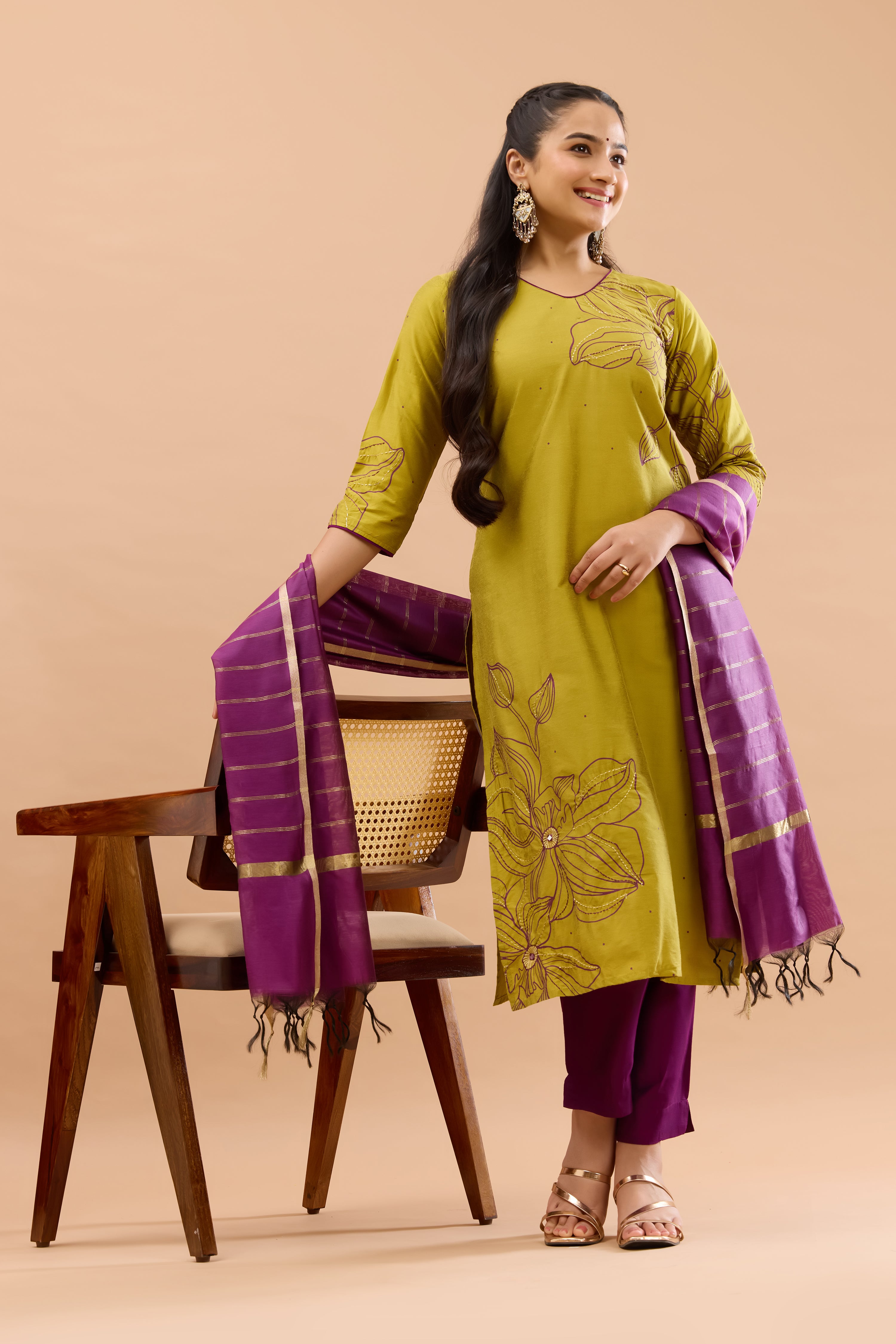 Floral Placement Printed Mustard & Wine Kurtaset