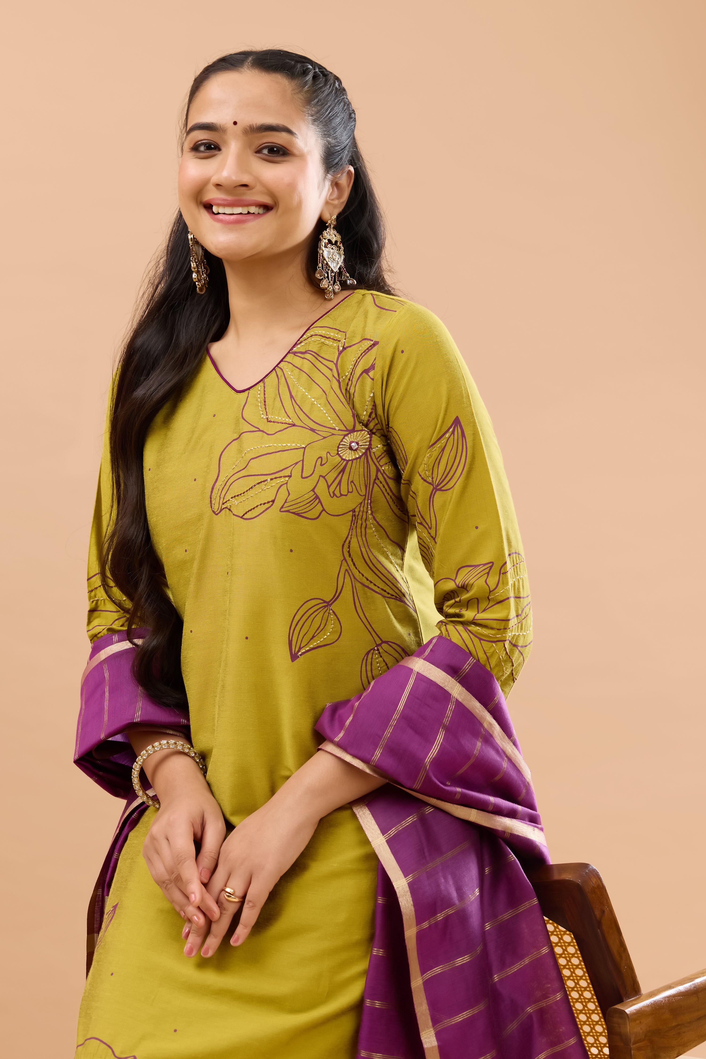 Floral Placement Printed Mustard & Wine Kurtaset