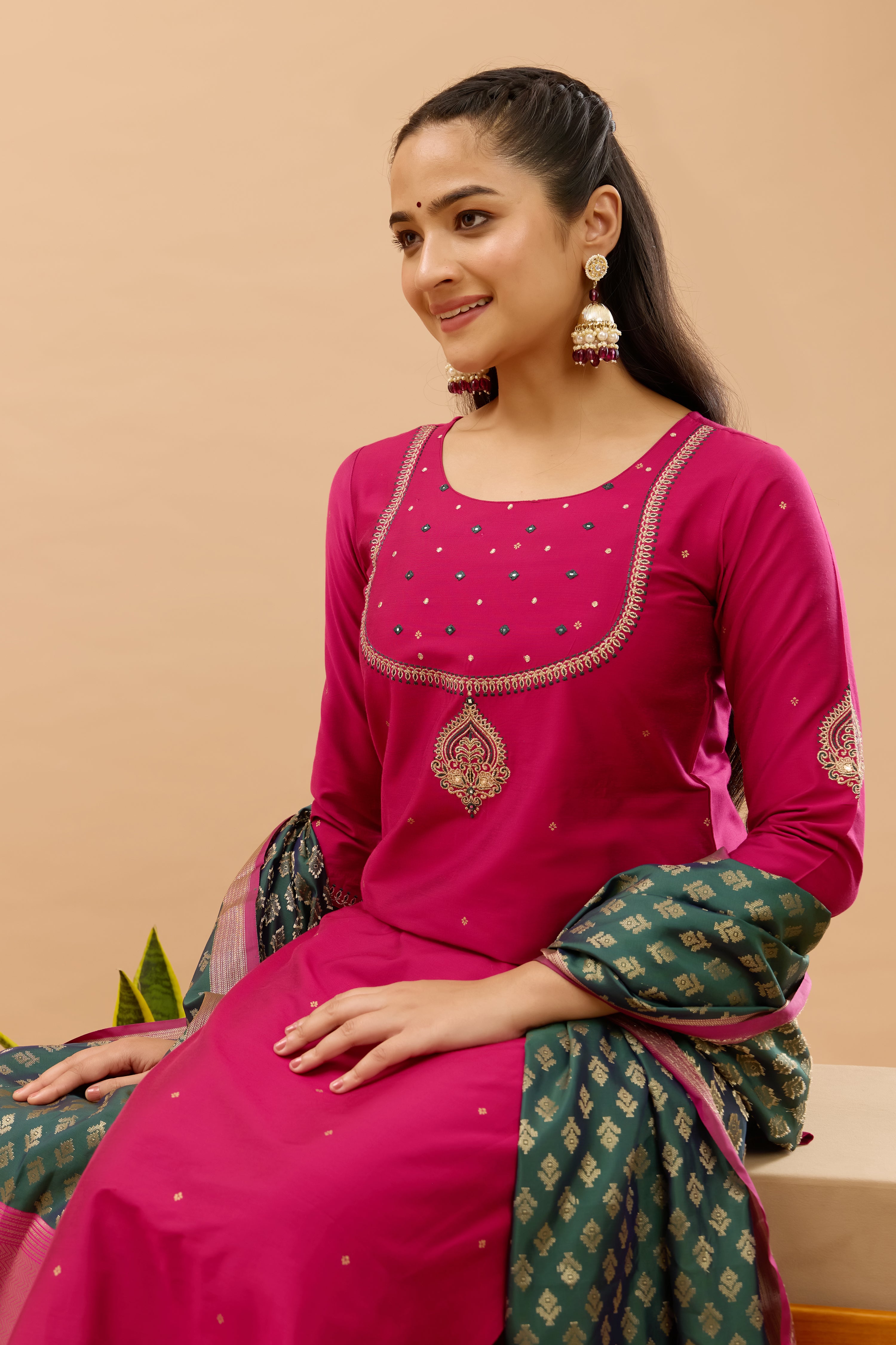 Jewel Line Embellished Magenta & Green Kurtaset with Brocade Dupatta