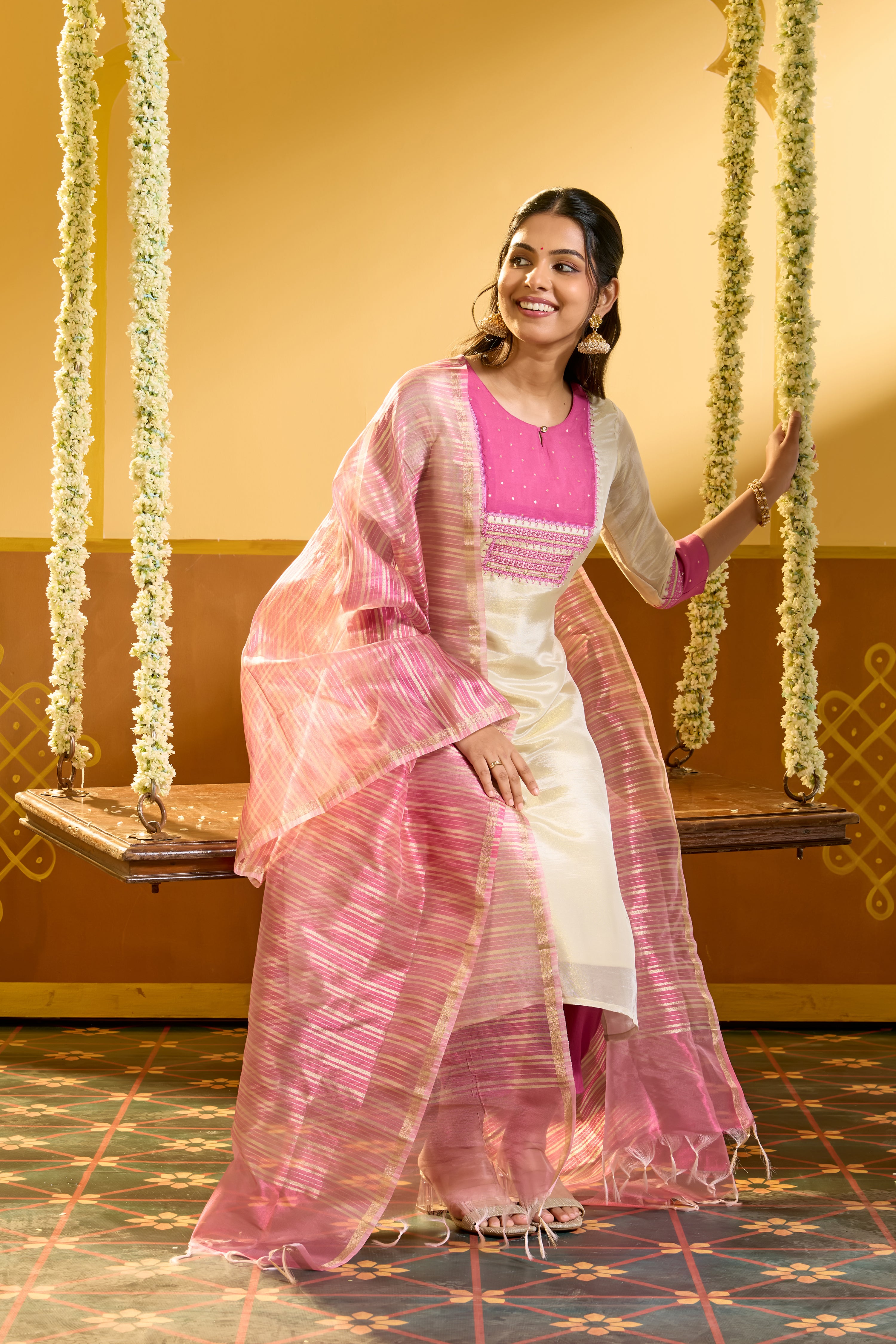 Ethnic Embroidered Pink & Off White Kurtaset with Chanderi Dupatta