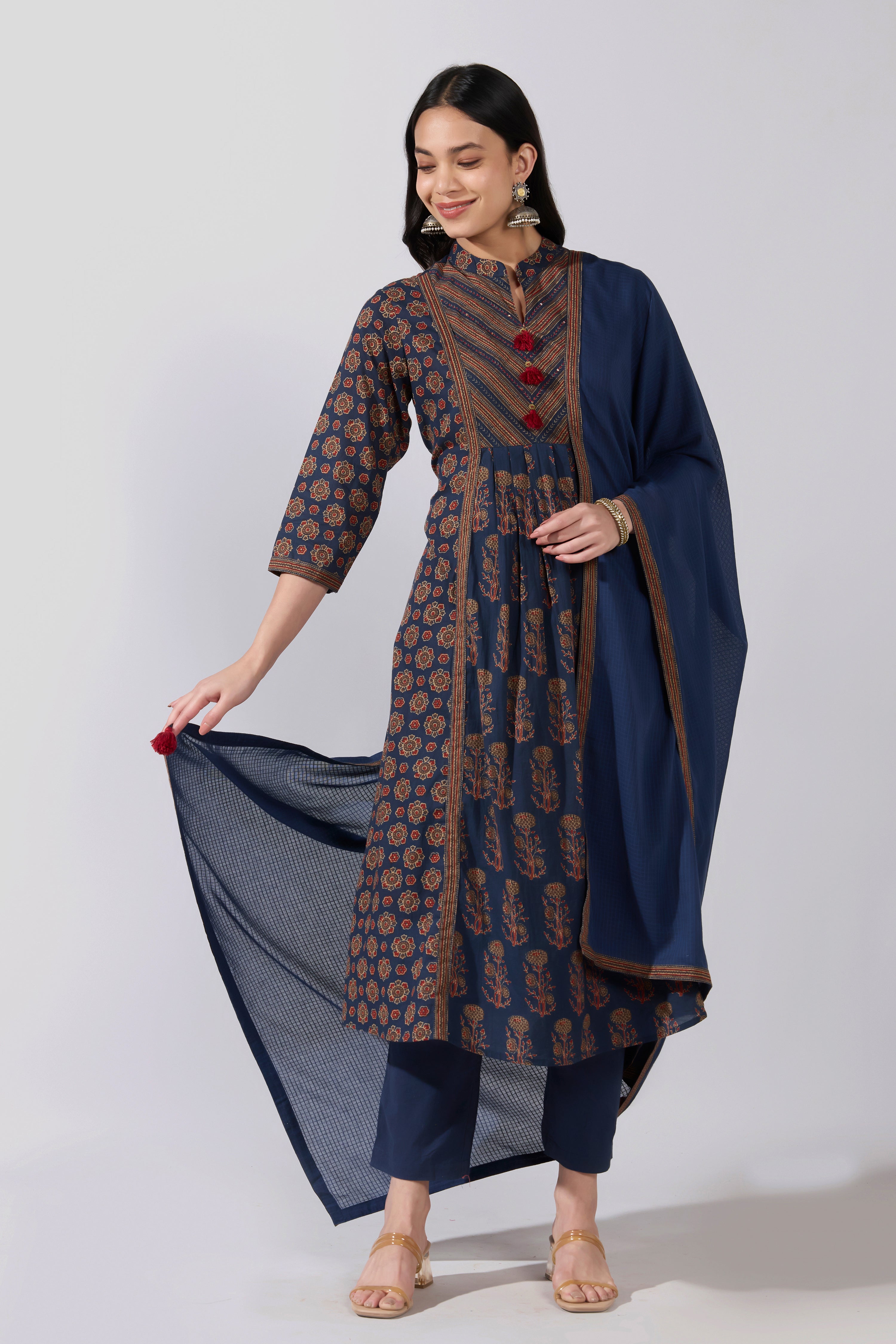 Jaipur Floral Printed Blue Cotton Kurta Set with Kota Doria Dupatta