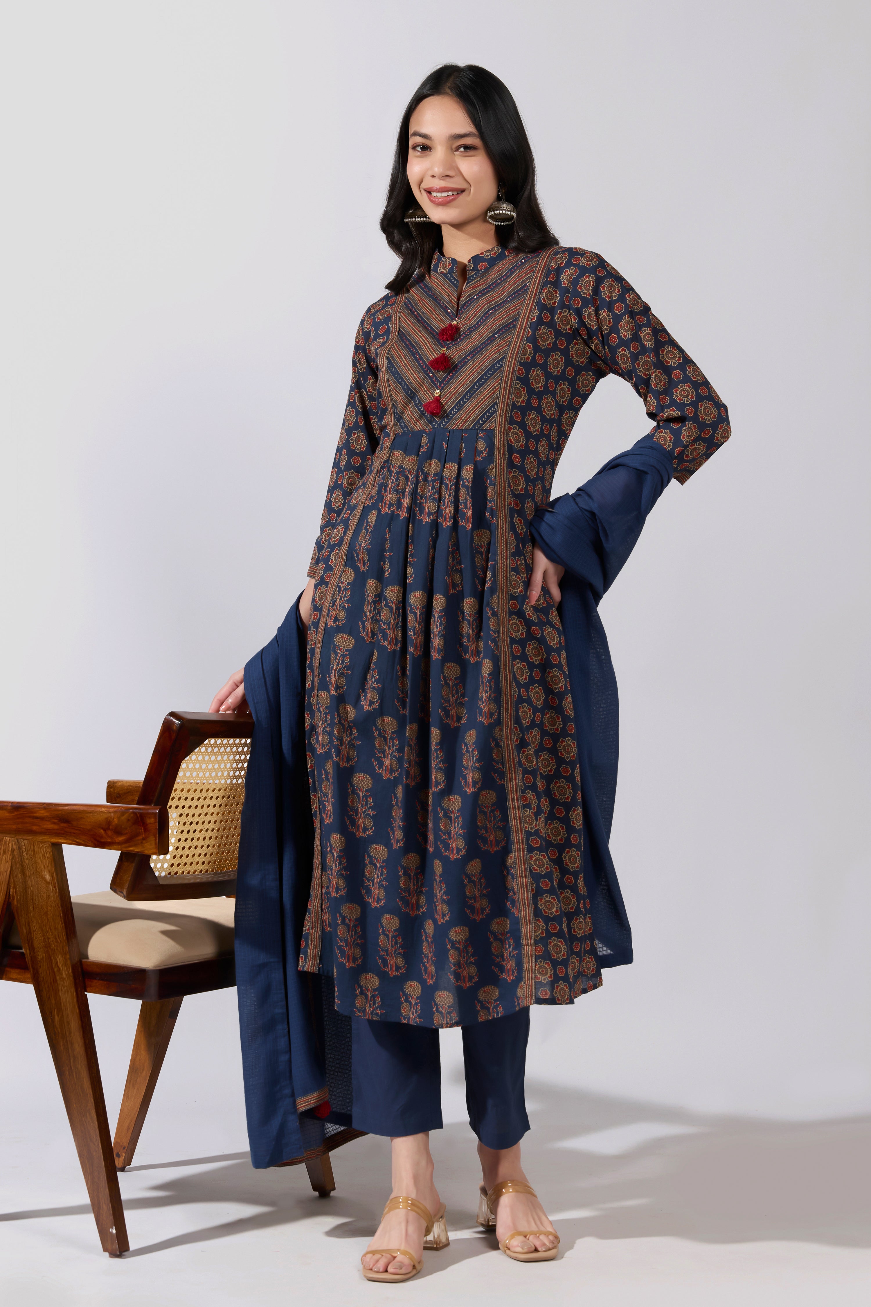 Jaipur Floral Printed Blue Cotton Kurta Set with Kota Doria Dupatta