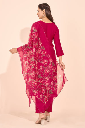 Floral Embroidered Kurtaset with Printed Organza Dupatta - Magenta