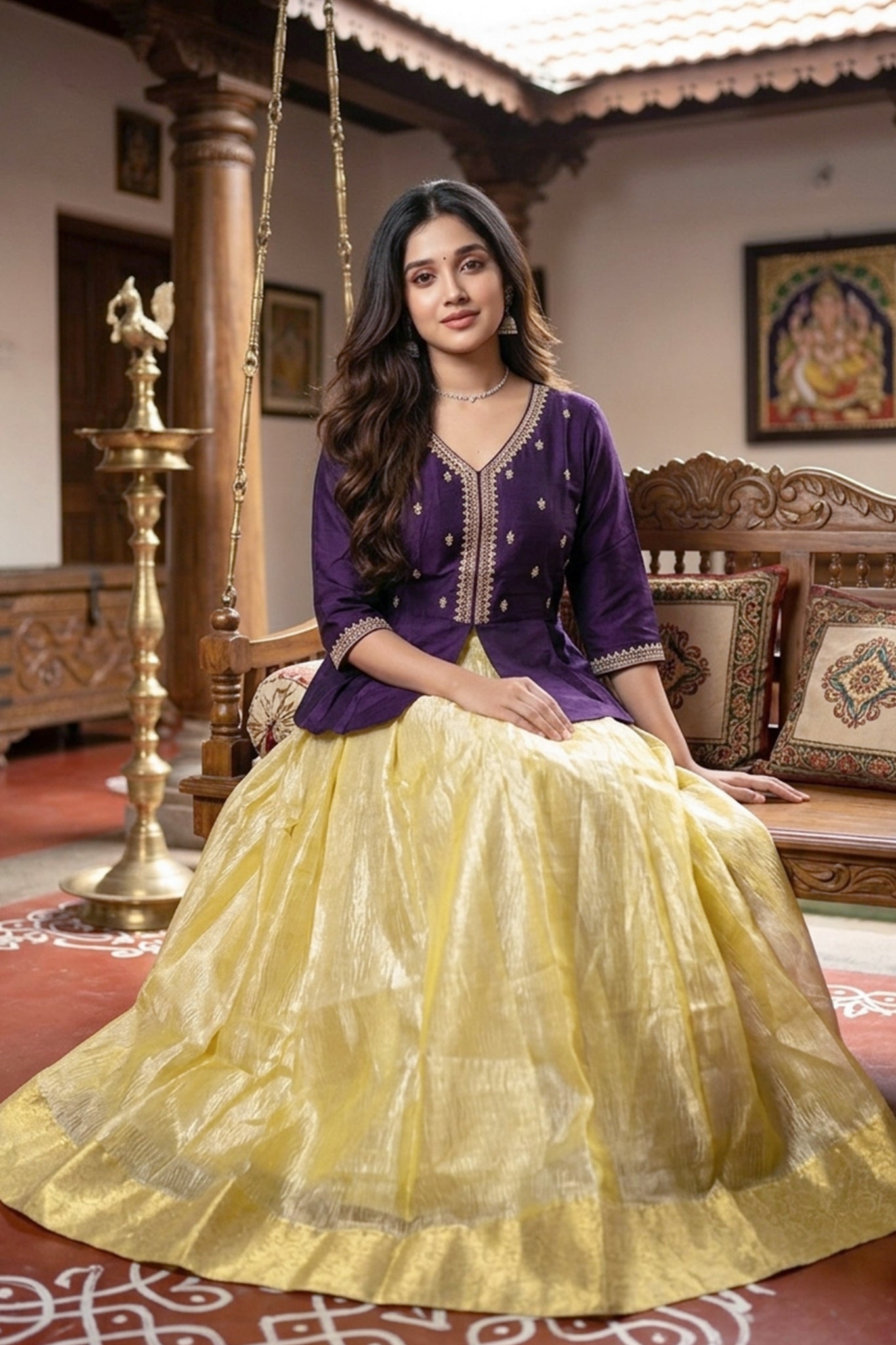 PURPLE EMBROIDERED TOP & GOLD SKIRT SET