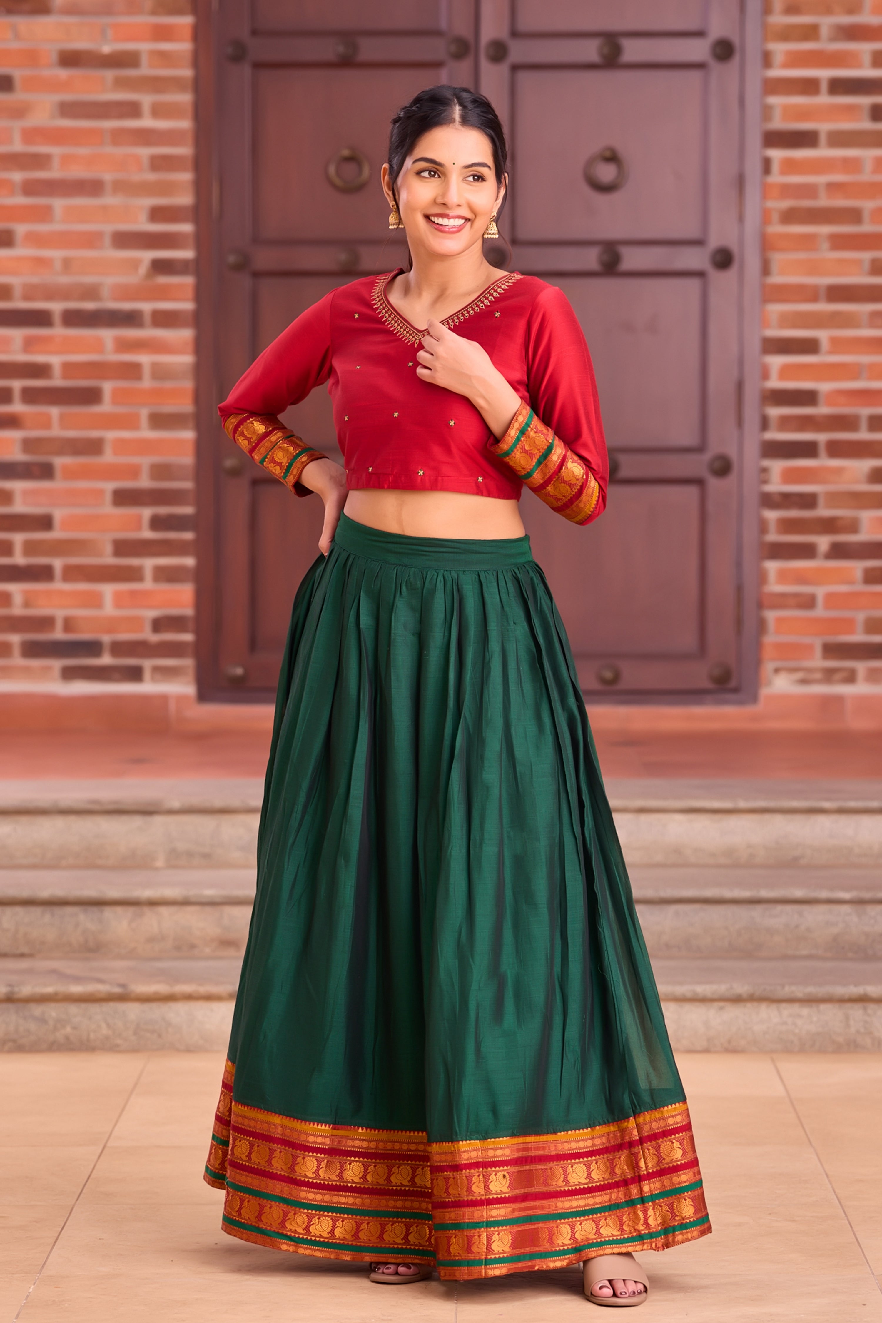 Red & Bottle Green Skirt Set in Mangalagiri – Onam Edition