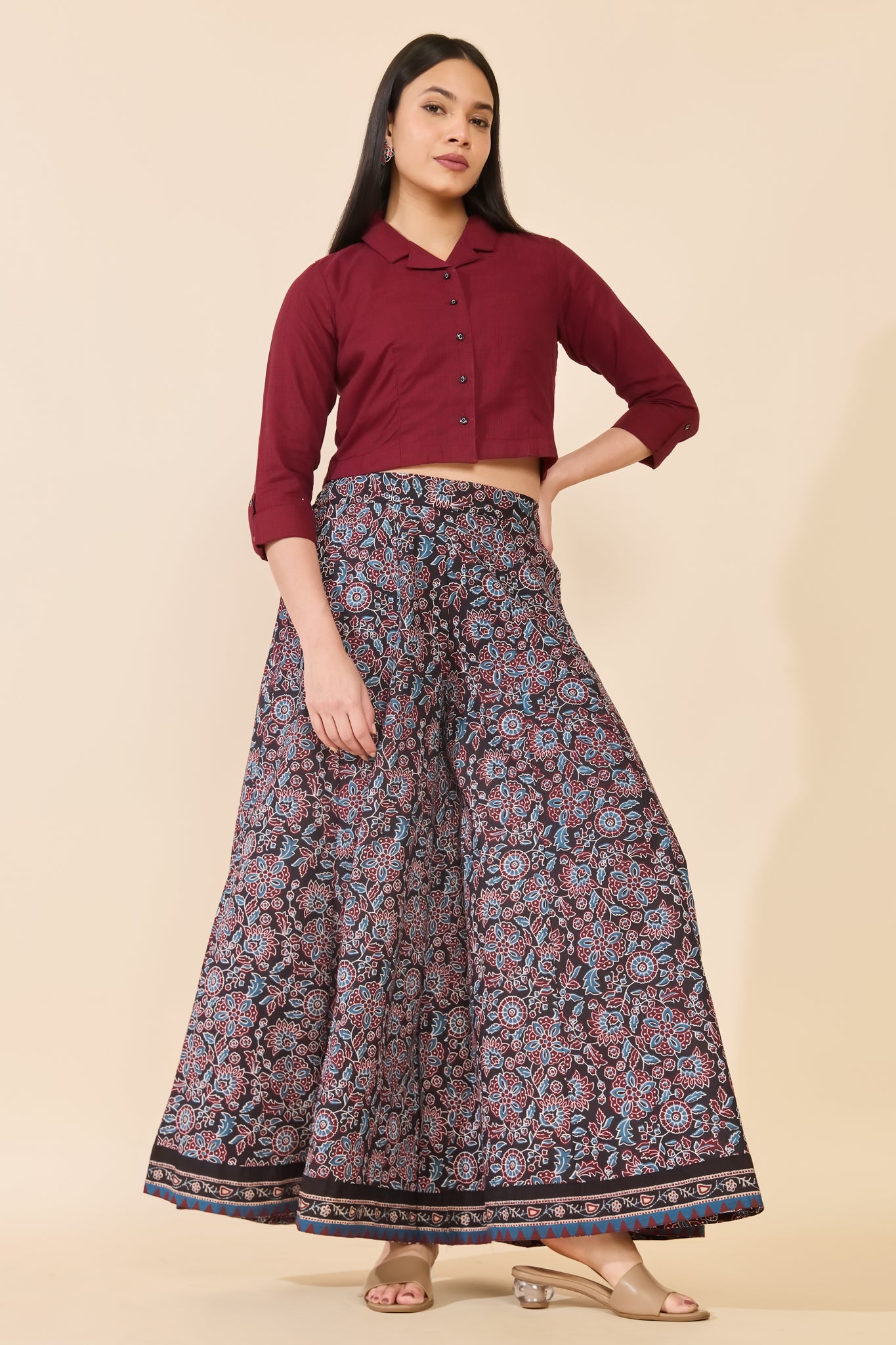 MAROON AJRAKH DIVIDED SKIRT SET