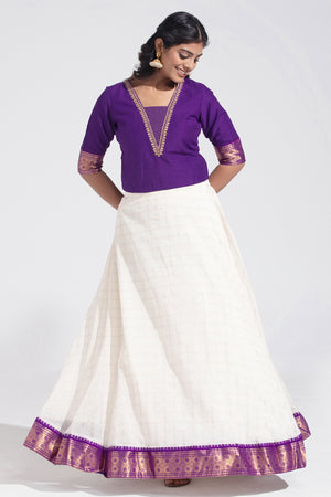 Purple & Off - White Gold Kattam & Embroidered Festive Skirtset