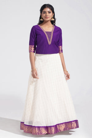 Purple & Off - White Gold Kattam & Embroidered Festive Skirtset