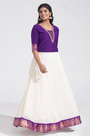 Purple & Off - White Gold Kattam & Embroidered Festive Skirtset