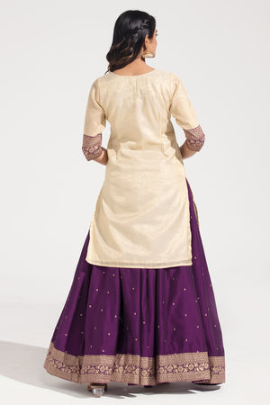 Off-White & Burgundy Printed Festive Skirt Set