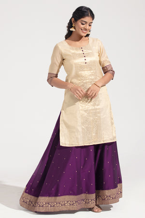 Off-White & Burgundy Printed Festive Skirt Set