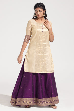 Off-White & Burgundy Printed Festive Skirt Set