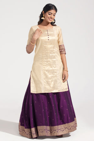 Off-White & Burgundy Printed Festive Skirt Set