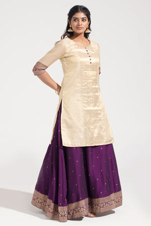 Off-White & Burgundy Printed Festive Skirt Set