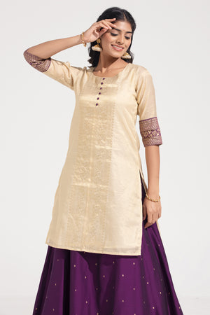 Off-White & Burgundy Printed Festive Skirt Set