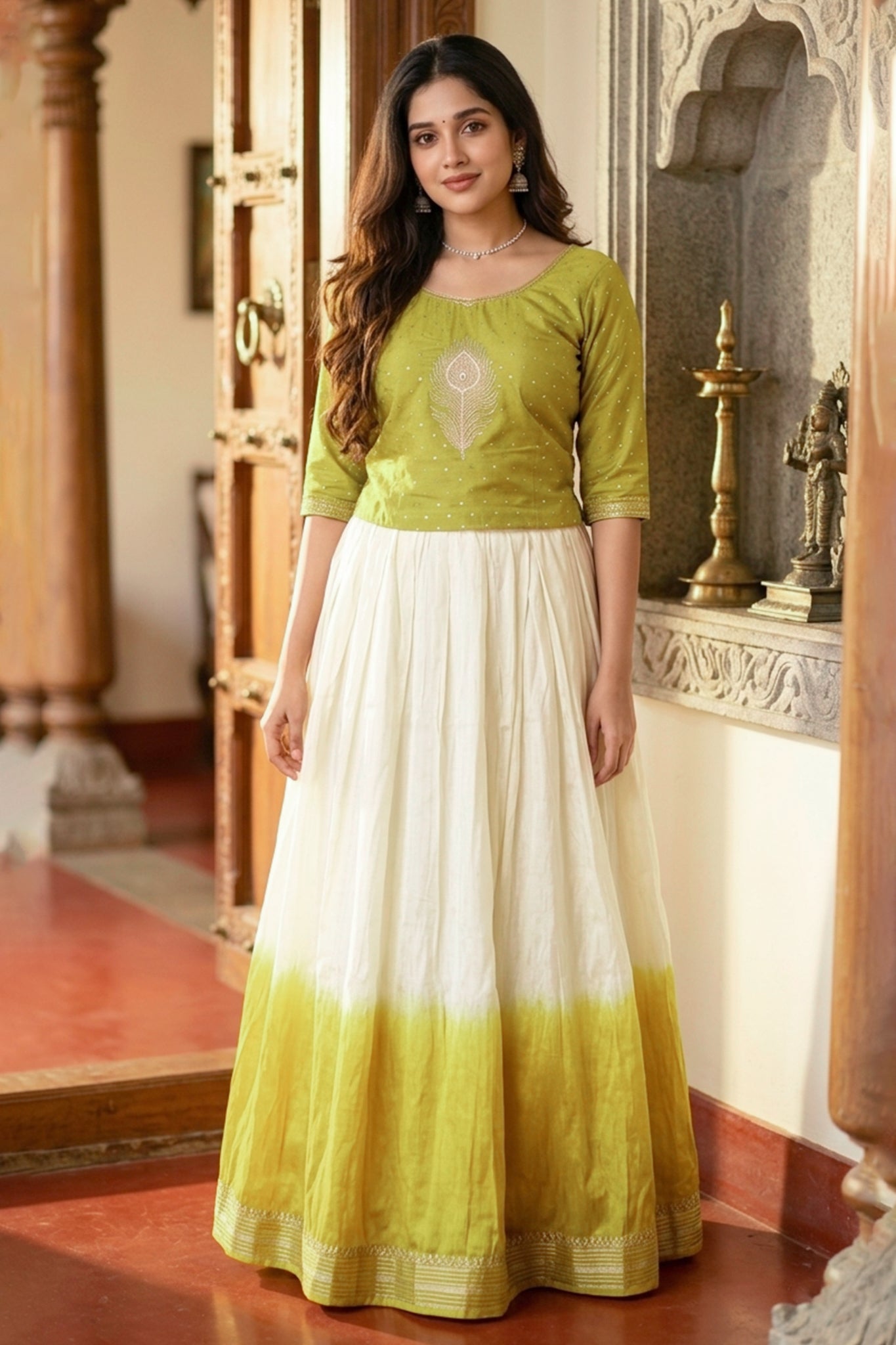 MUSTARD GREEN CROP SHIRT & GRADIENT SKIRT SET