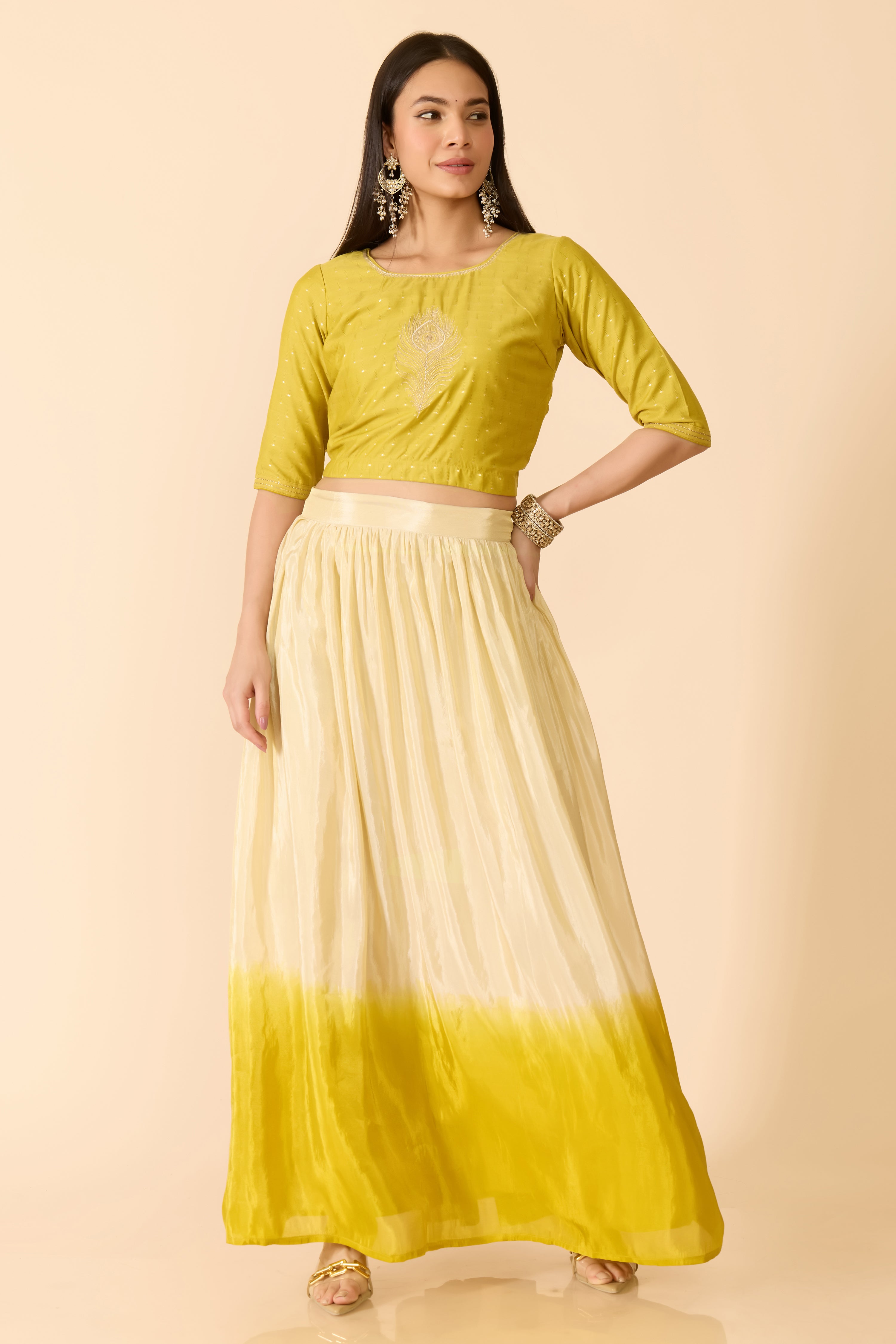 MUSTARD MAYILPEELI EMBROIDERED CROP TOP & GRADIENT SKIRT SET