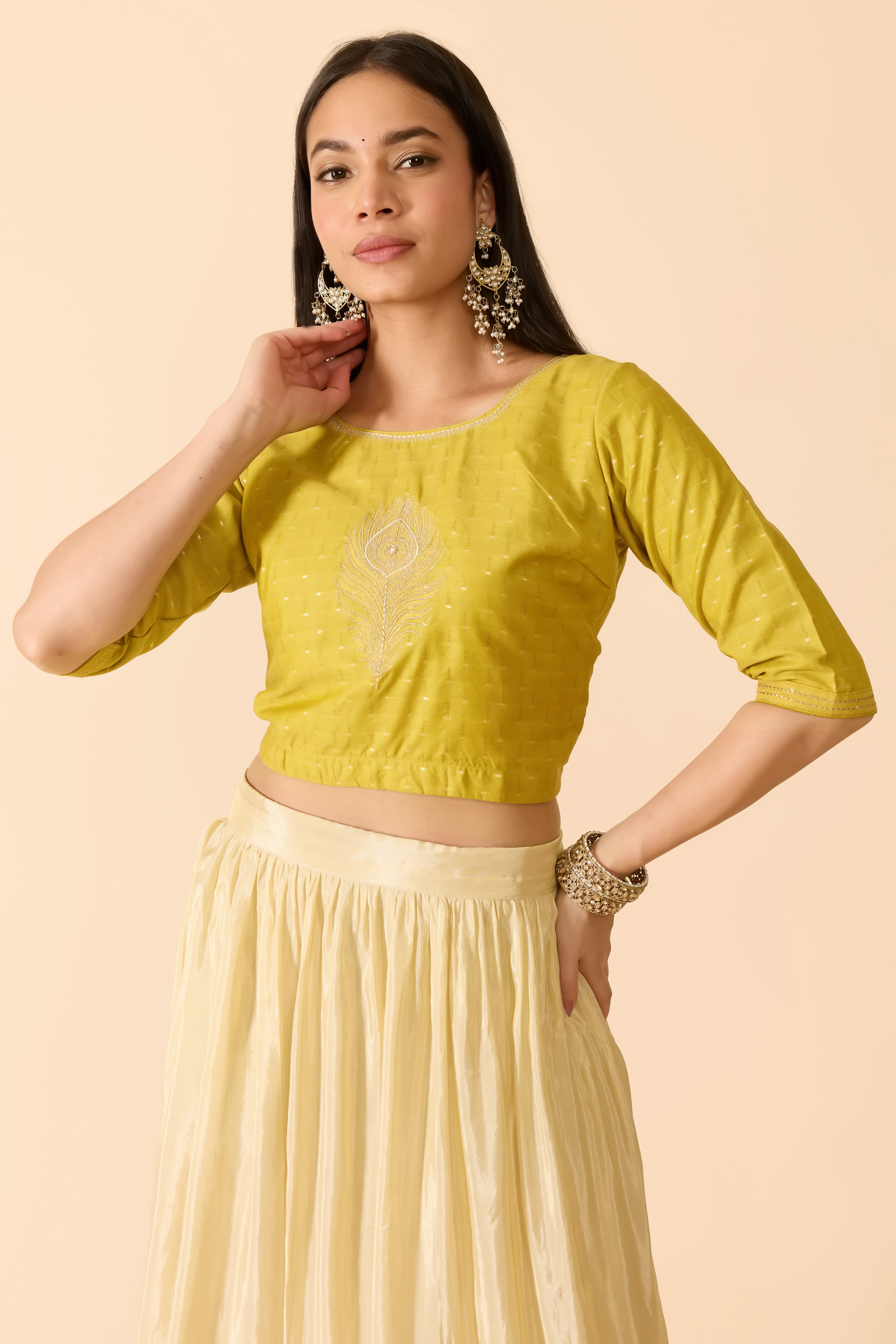 MUSTARD MAYILPEELI EMBROIDERED CROP TOP & GRADIENT SKIRT SET