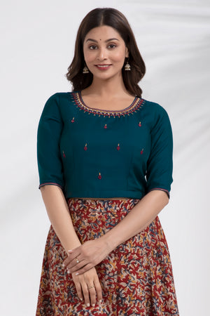 Blue Embroidered Crop Top with Kalamkari Printed Skirtset