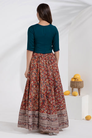 Blue Embroidered Crop Top with Kalamkari Printed Skirtset