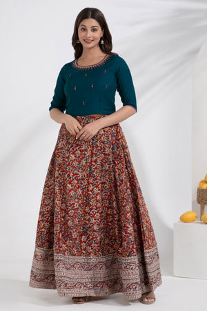 Blue Embroidered Crop Top with Kalamkari Printed Skirtset